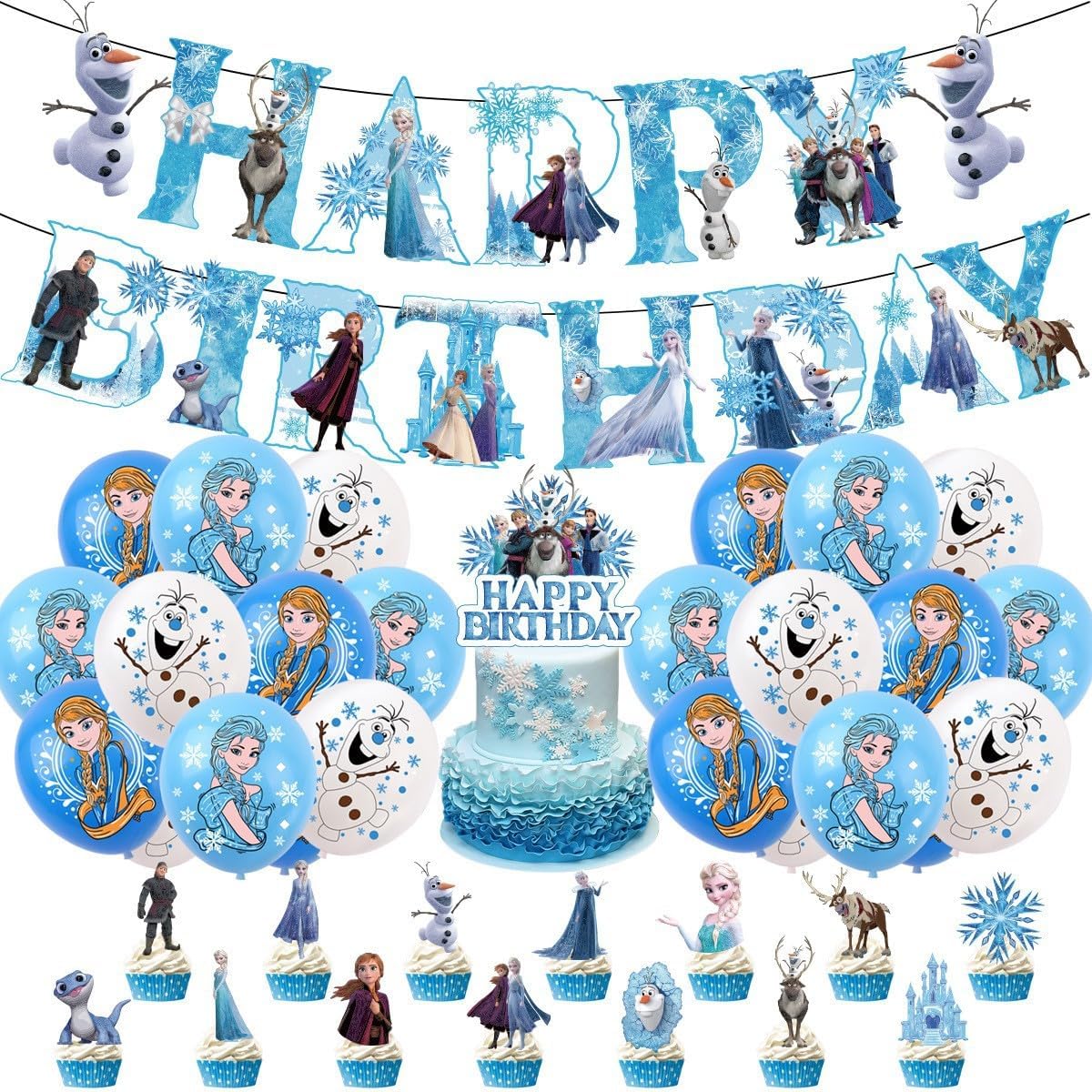49 Psc For Frozen theme party setup, easy to assemble decorations, including children's DIY cake toppers and background cloth sets, perfect for