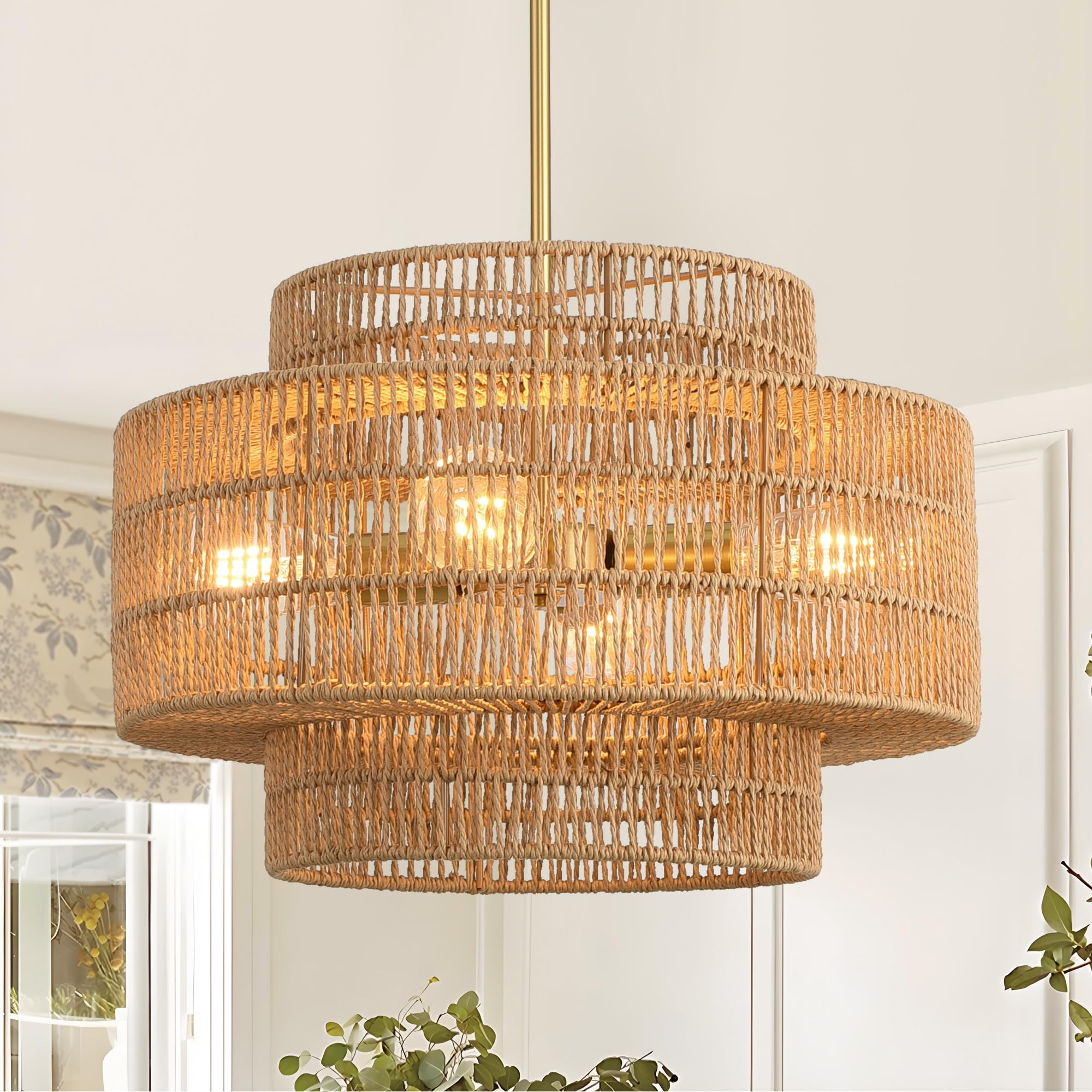 SMLERAY 17.7”Boho Rattan Chandelier for Dining Room, 4-Light Hand Woven Pendant Light Fixture Farmhouse Rustic Ceiling Hanging for Kitchen Island