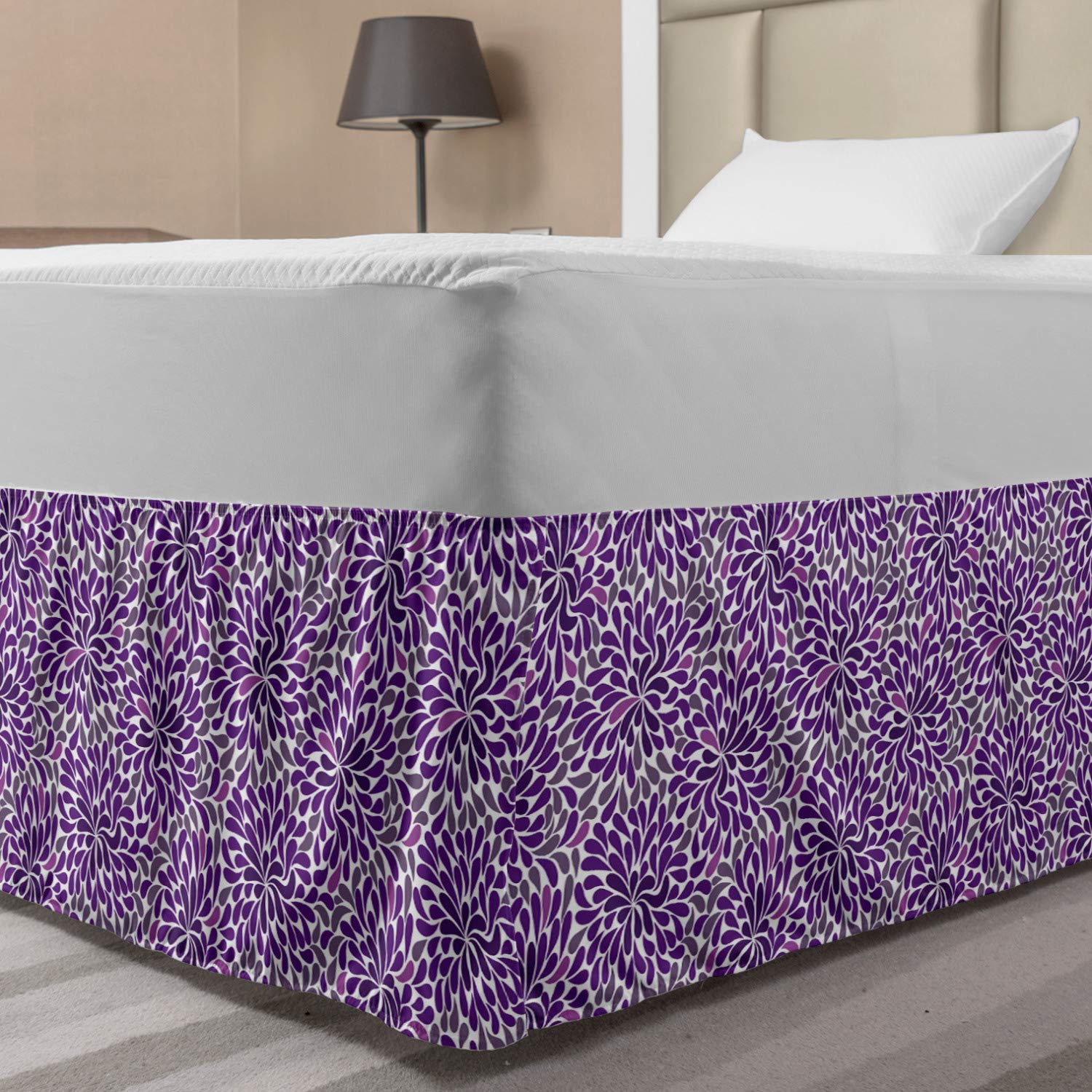 Lunarable Purple Elastic Bed Skirt Teardrop Shapes Floral Themed Arrangement Abstract Botanical Garden Wrap Around Fabric Bedskirt Dust