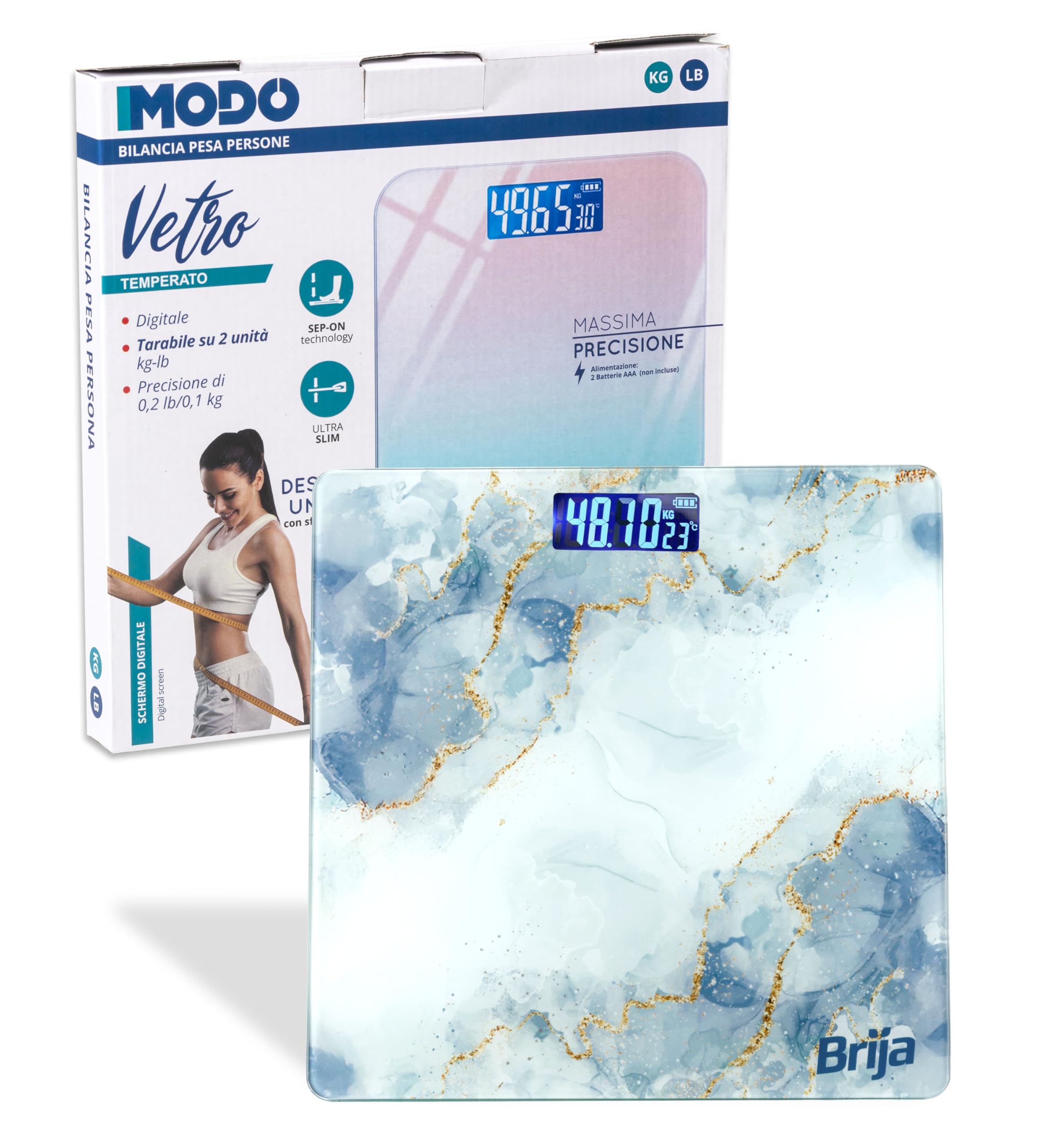 IPEA Bilancia Pesapersone Digitale Ultra Sottile - Tecnologia STEP ON - Massima Precisione Peso - Deisgn Effetto Marmo - Bilancia in Vetro Temperato con Display misurazione fino 0,1 KG - Max 180Kg