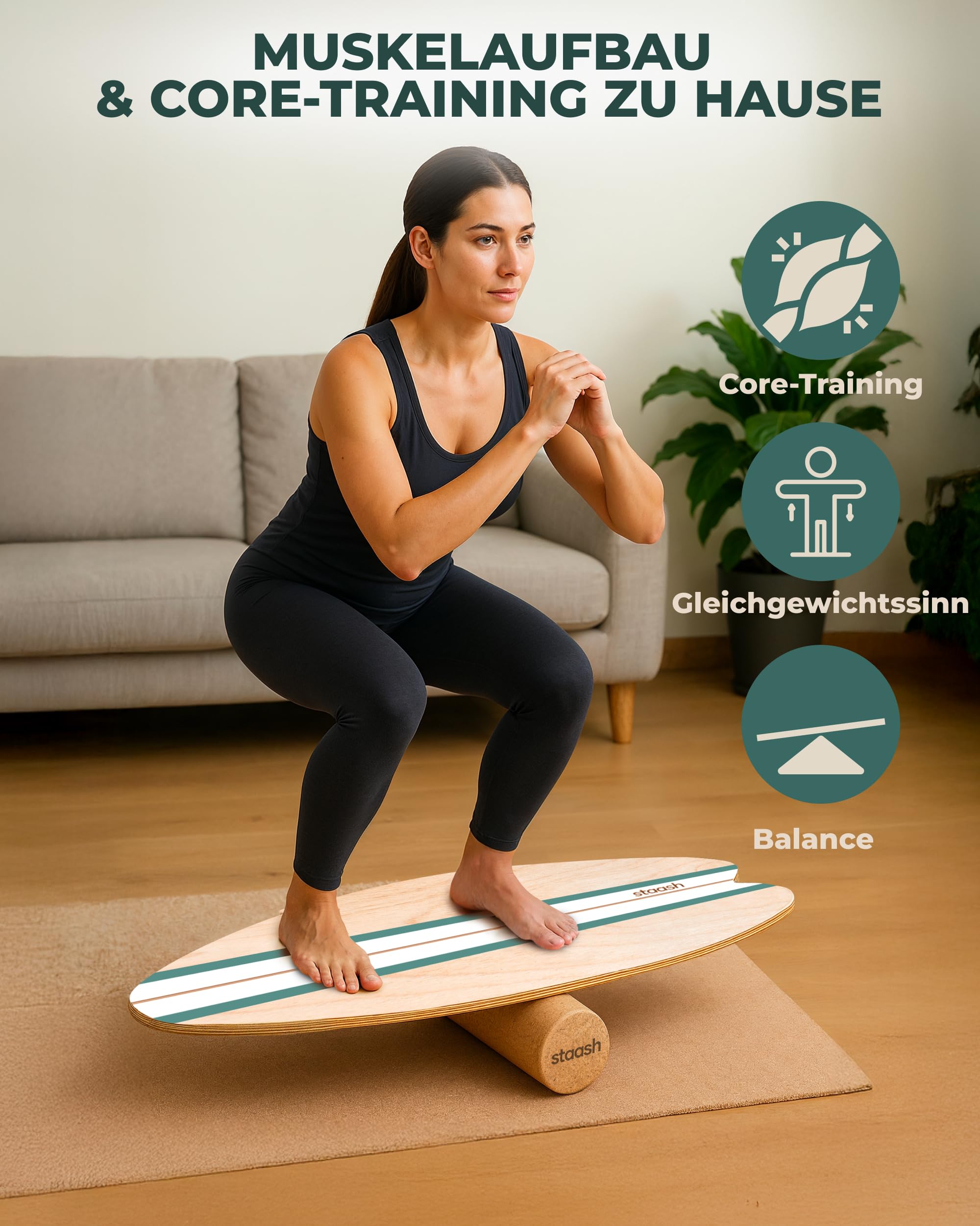 STAASH® Balance Board Holz – Pro Gleichgewichtstrainer inkl. Schutzmatte, Rolle, Halbkugel & Korkball + Videokurs – Indoor-Surfen & Stabilitätstraining