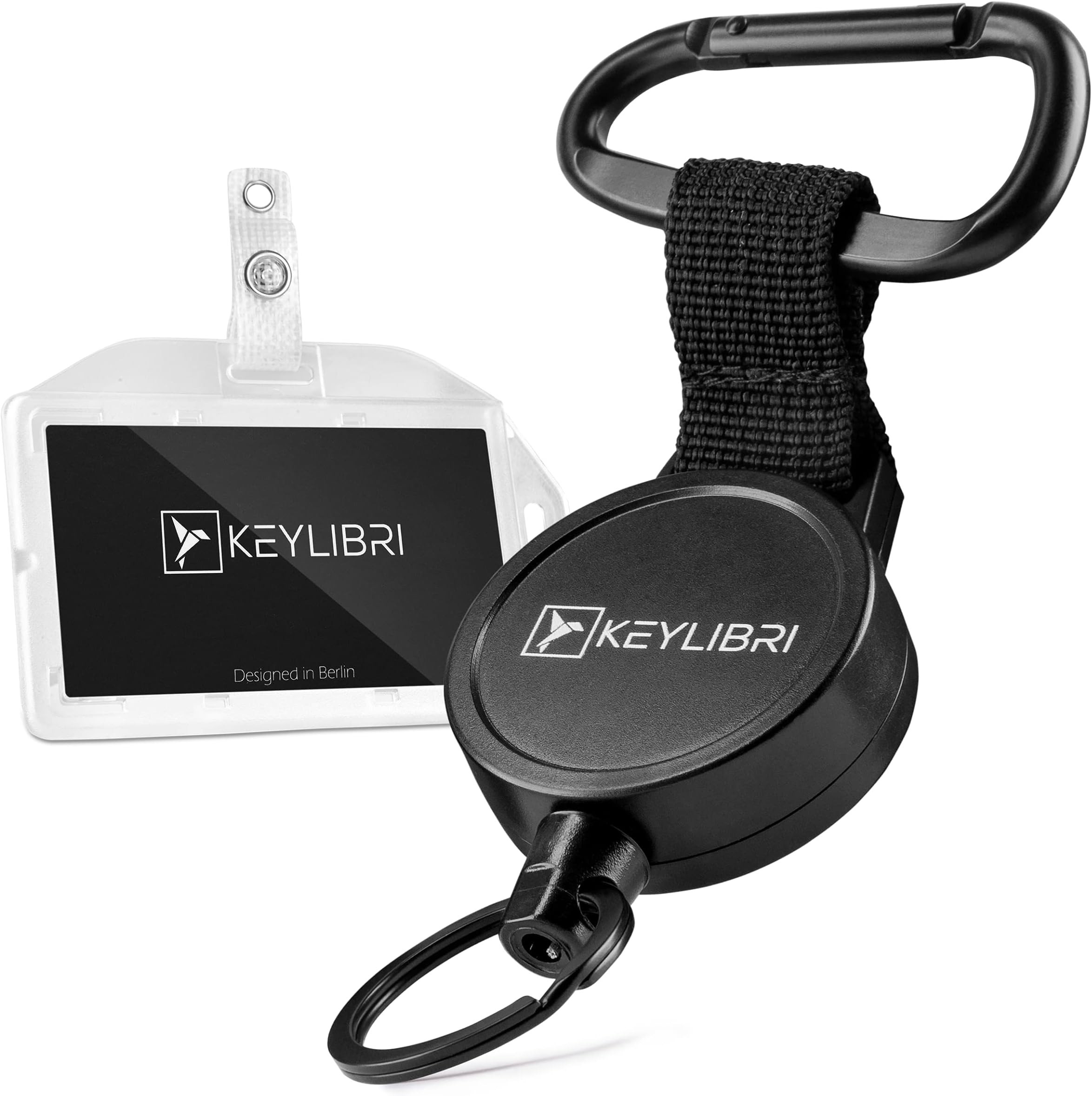 Keylibri Key roll / key ring with 73.5 cm extendable robust steel cable - matt black design - includes card holder in standard format - ideal for office and leisure