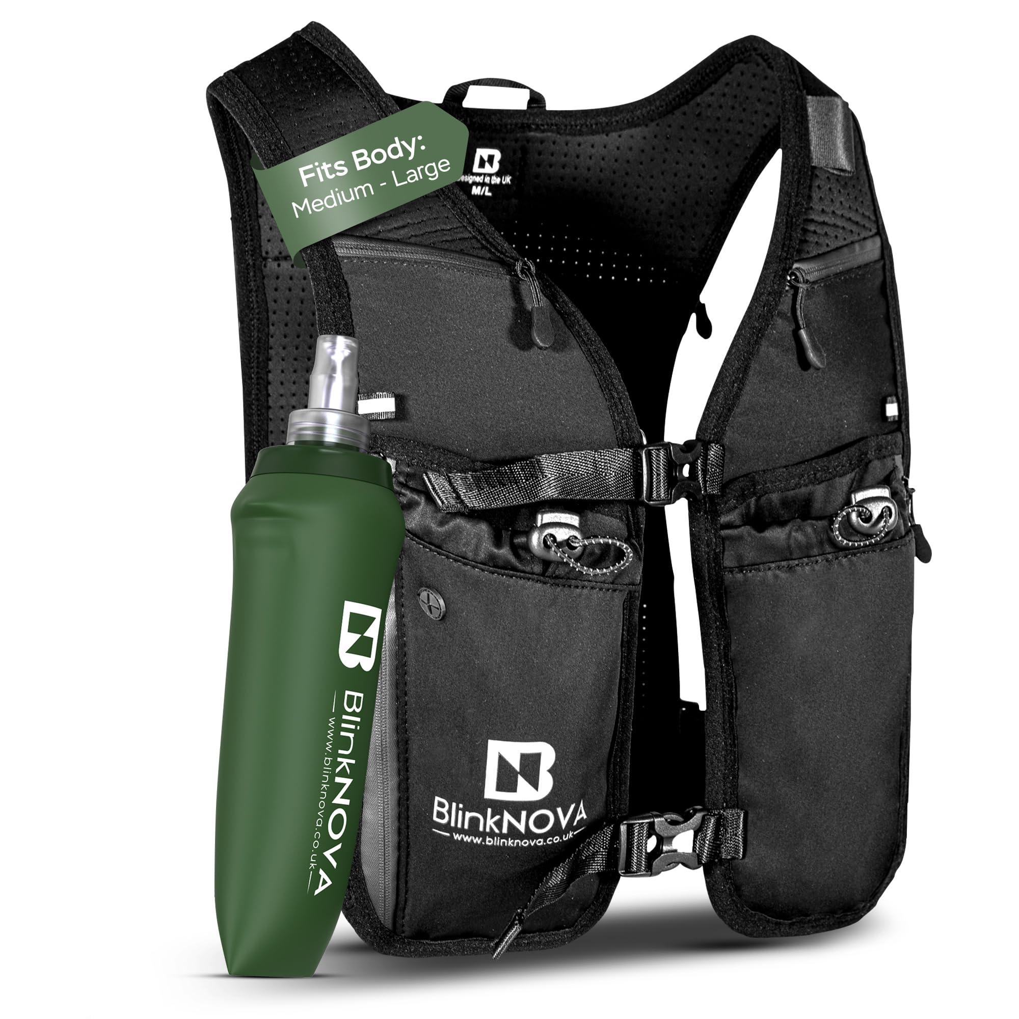 BlinkNOVA Running Vest with Phone Holder | Reflective Hydration Vest with Adjustable Waistband & 500ml Collapsible Water Bottle | Lightweight Unisex Running & Hiking Vest (Front Clip โ M/L)