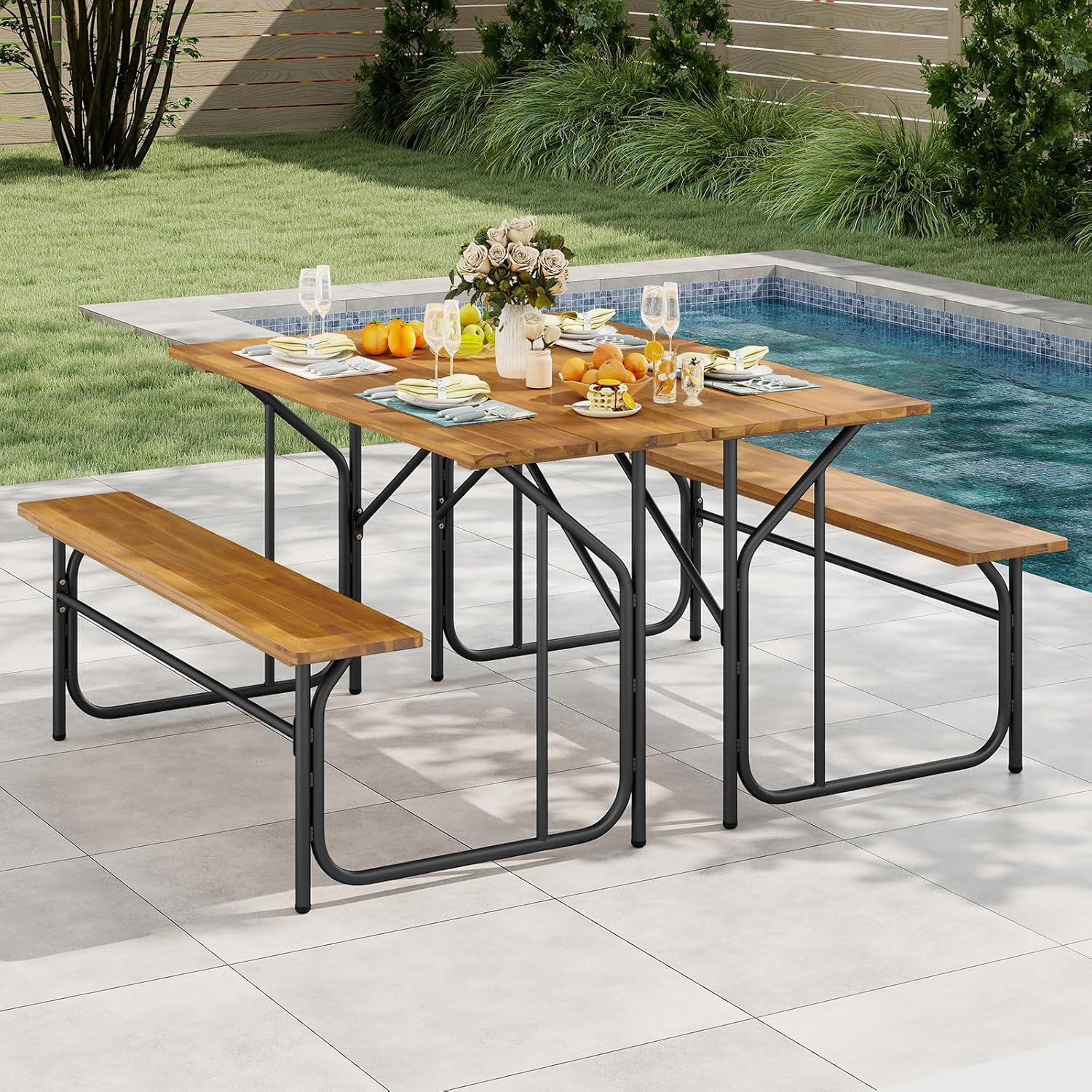 HAPPYGRILL Picnic Table Bench Set for 2, Acacia Wood Dining Table and Bench Set with Heavy Duty Metal Frame, for Patio, Porch, Garden and Backyard