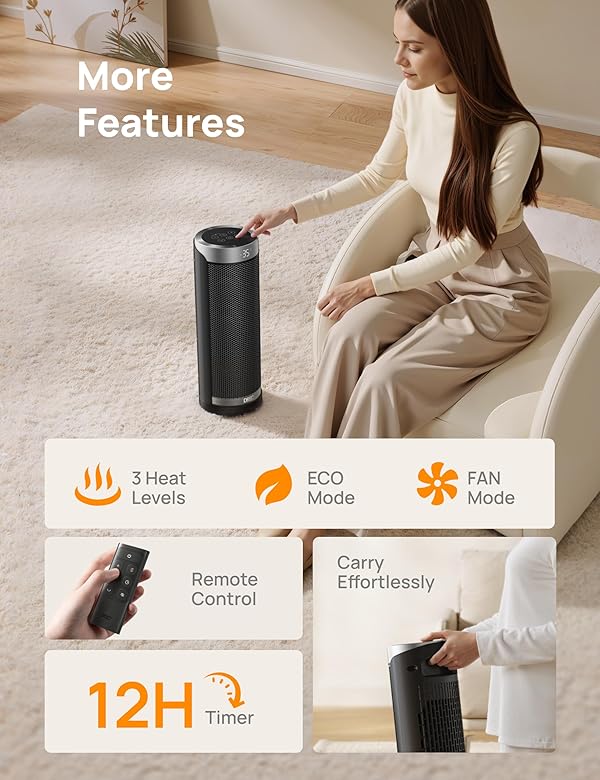DREO Space Heater for Indoor Use, 16 inch Portable Electric Heater with Remote for Bedroom, 1500W PTC Ceramic Fast Heating with Thermostat, Overheating &Tip-Over Protection, 70°Oscillating, 12H Timer by DREO - Image 8