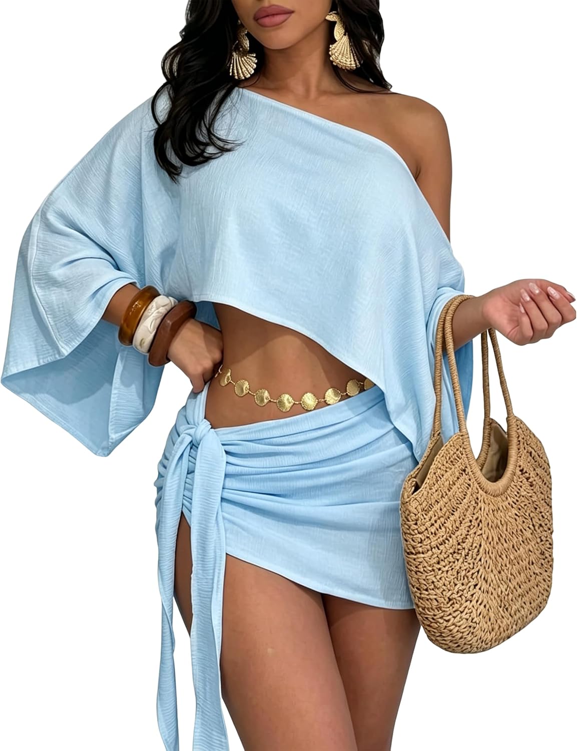 MAKABO Women's Batwing Off Shoulder 2 Piece Matching Outfits Tie Front Ruched Mini Skirt Crop Top Sexy Beach Set