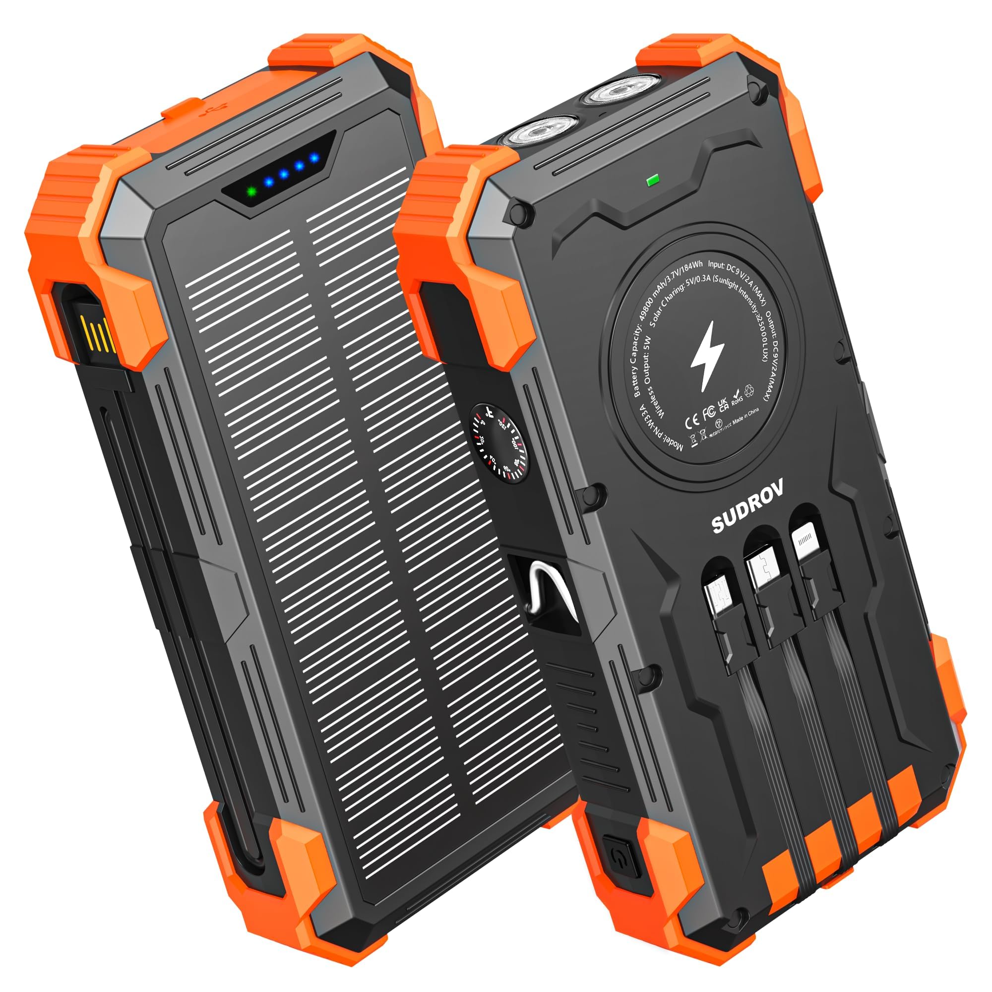 Sudrov Solar Charger Power Bank, 42800mAh Portable Charger with USB-C in/Output, QC3.0 Fast Charging 15W 4 Ports Outdoor Battery Pack Built-in Dual Led Flashlights for iPhone Samsung etc