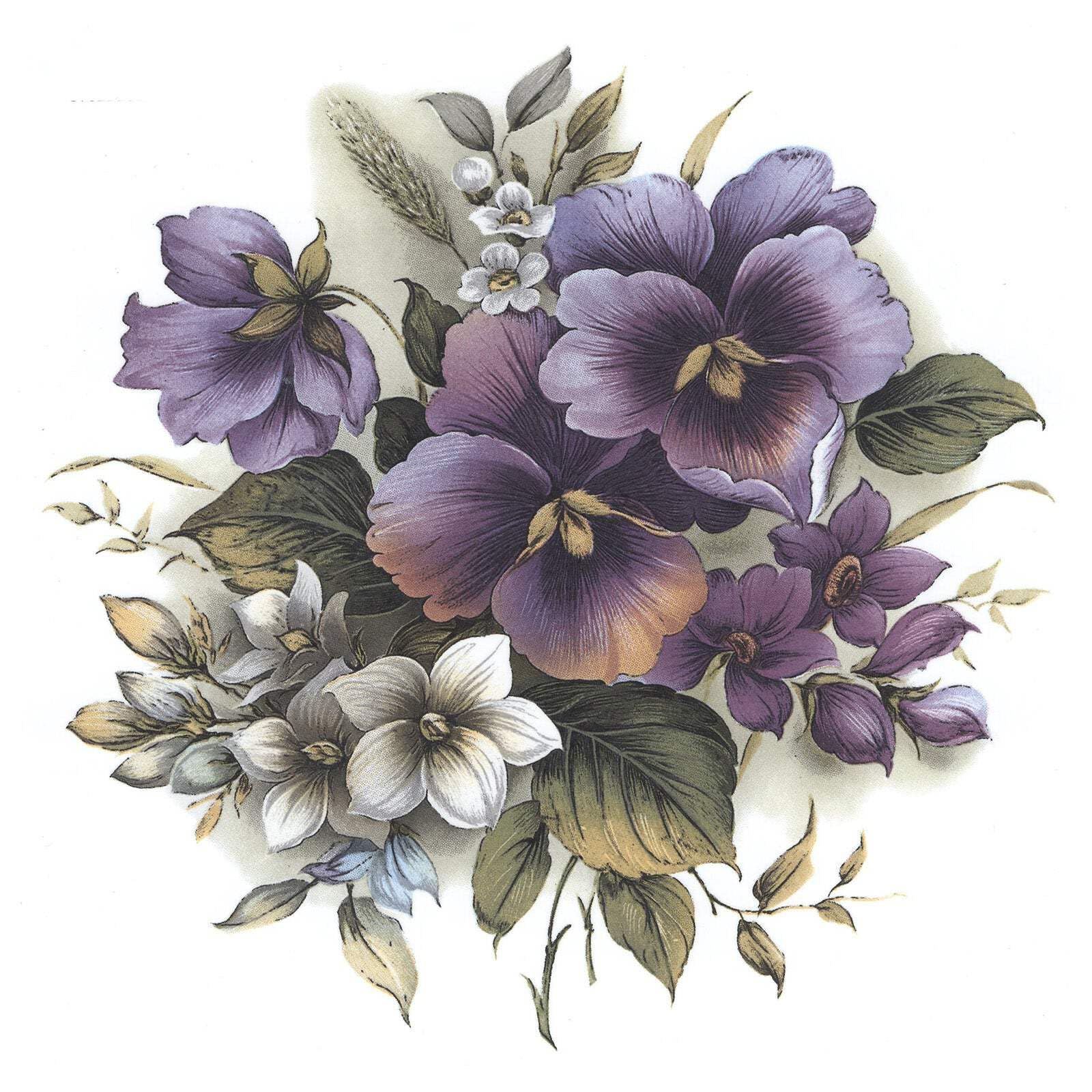 Purple Pansy Flowers Round Bouquet Overglaze Ceramic Decals 2.5 Inches (3 Decals)