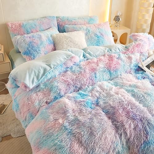 Miniatura 3 de HAIHUA Juego de funda de cobertor azul Tie Dye mullido, suave y esponjoso, de pelo sintético, Tie Dye, juego de cama tamaño Queen de 3 piezas (1