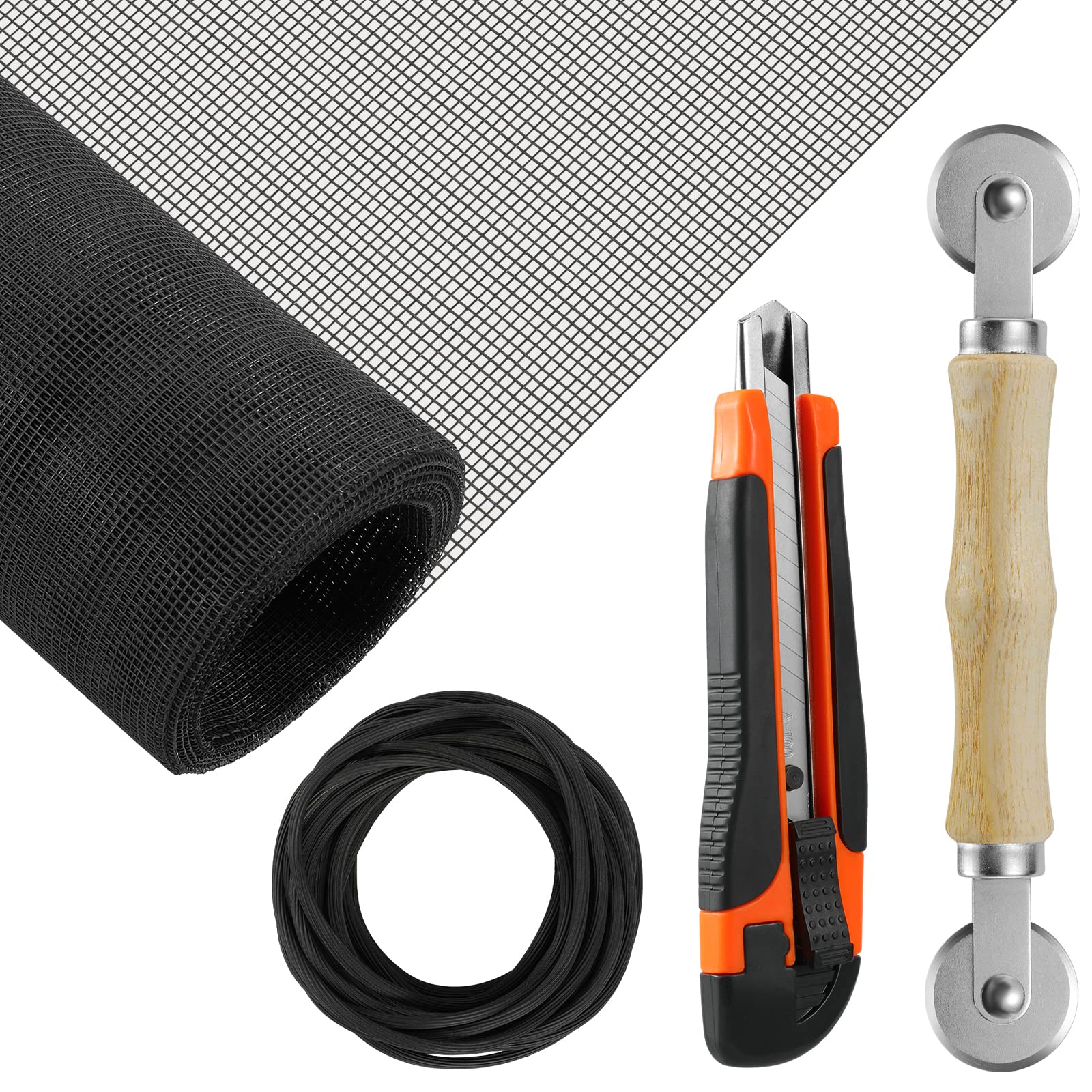 Pazaka Window Screen Repair Kit, Screen Replacement for Windows or Doors, Durable Fiberglass Screen Mesh with Spline/Rolling Tool/Knife (36" x 84", Black)