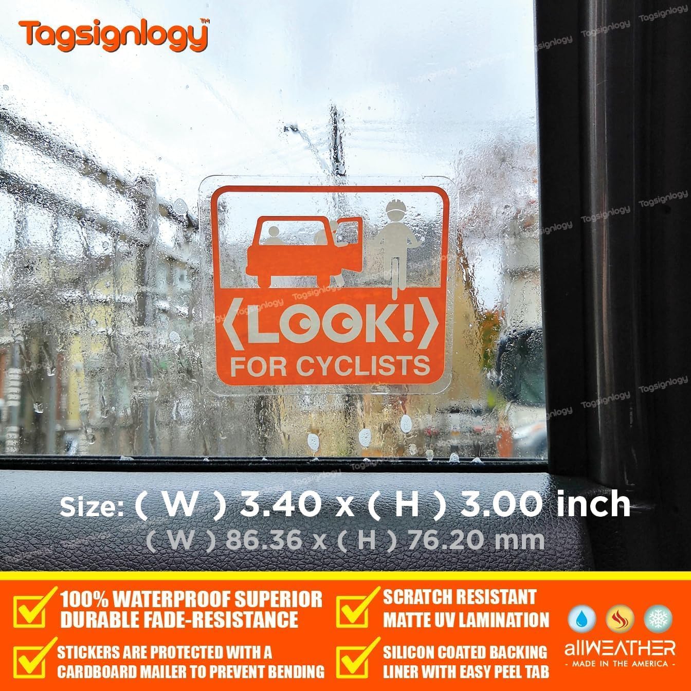 (4 pcs) Look for Cyclists - UV Weatherproof Clear Vinyl Sticker - Passenger Bicycle Bike Driver Safety Caution Sign - Taxi Car Open Door Window Transparent Cyclist Awareness Decal