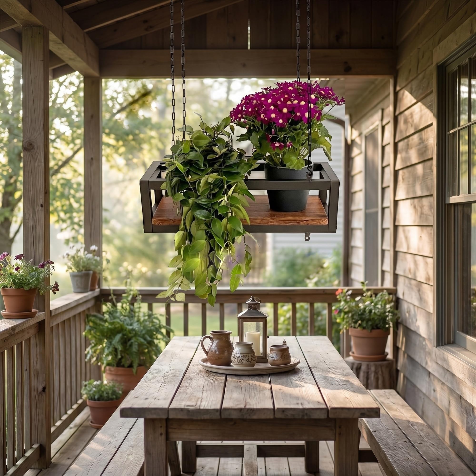 yelloo - Pflanzenregal Indoor Outdoor, Balkon Deko, Blumenständer Metall Hängendes Regal mit Ketten für Garten, Ideal zum Pflanzgefäßes im Freien (FLOWERS 55 cm, Braune/Walnüsse)