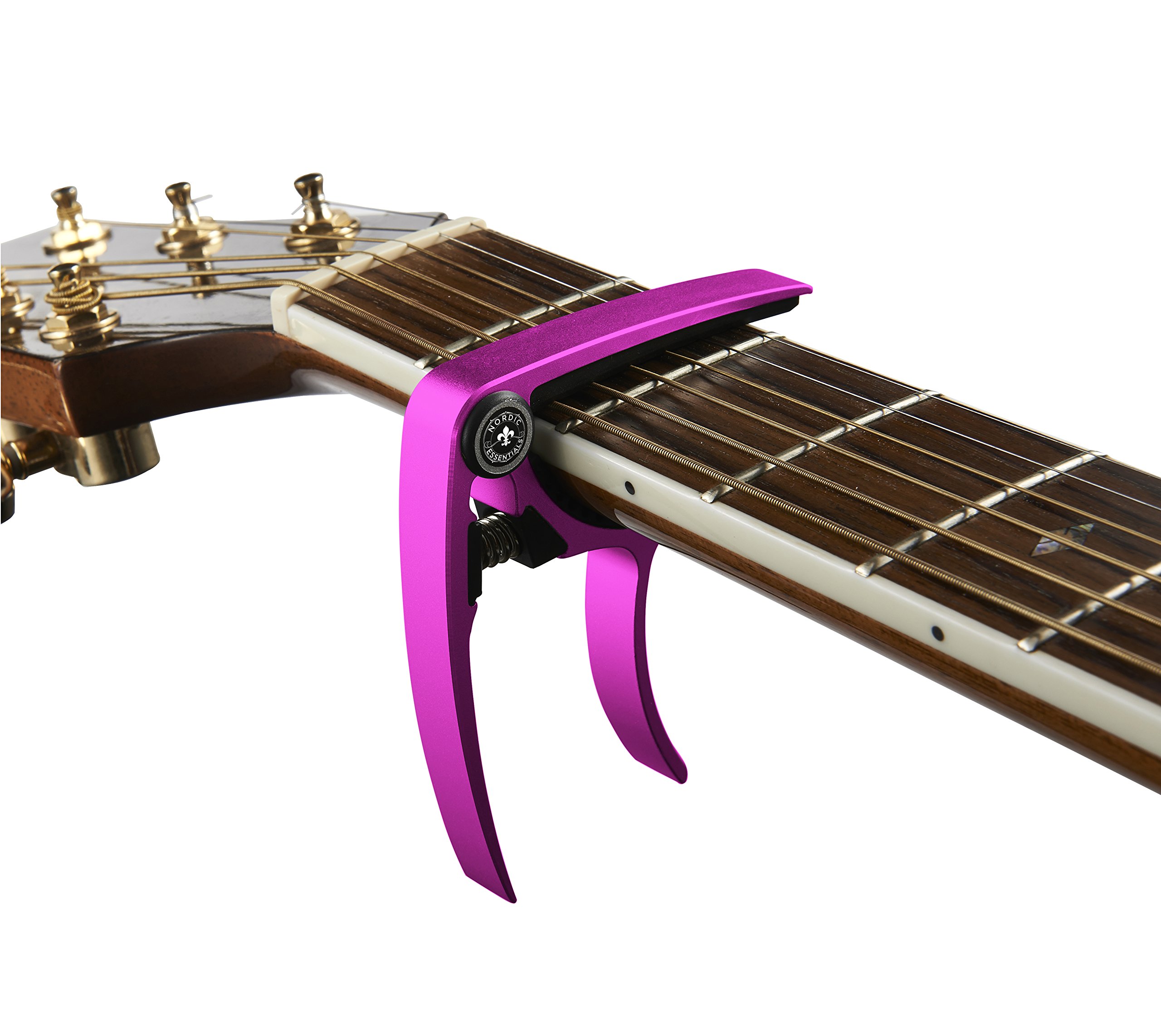 Capotasto per chitarra (confezione da 2) per chitarre, ukulele, banjo, mandolino, basso - Realizzato in lega di alluminio ultraleggera (1,2 once!) per strumenti a 6 e 12 corde - (Rosa+Viola)