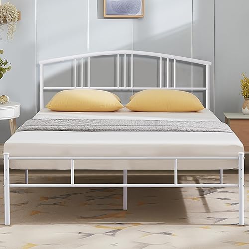 VECELO Base de cama Queen de 14 pulgadas, base de colchón de plataforma de metal blanca con cabecero de soporte de listones de acero, no necesita