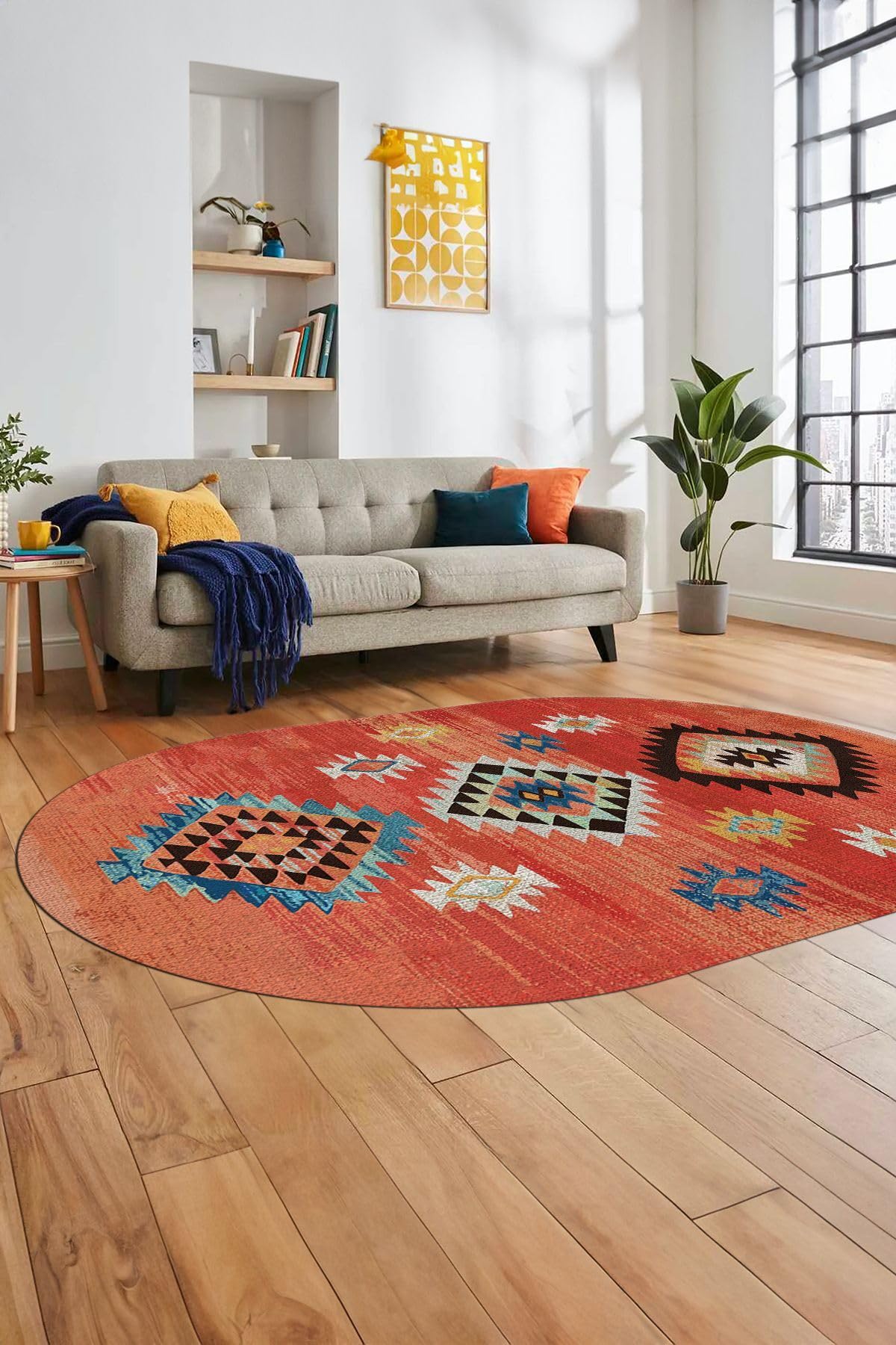 Evdeya Dijital Baskılı Kaymaz Taban Yıkanabilir Etnik Desenli Oval Mutfak Salon Halısı O-ETNİK-01, Kırmızı, 40 x 60