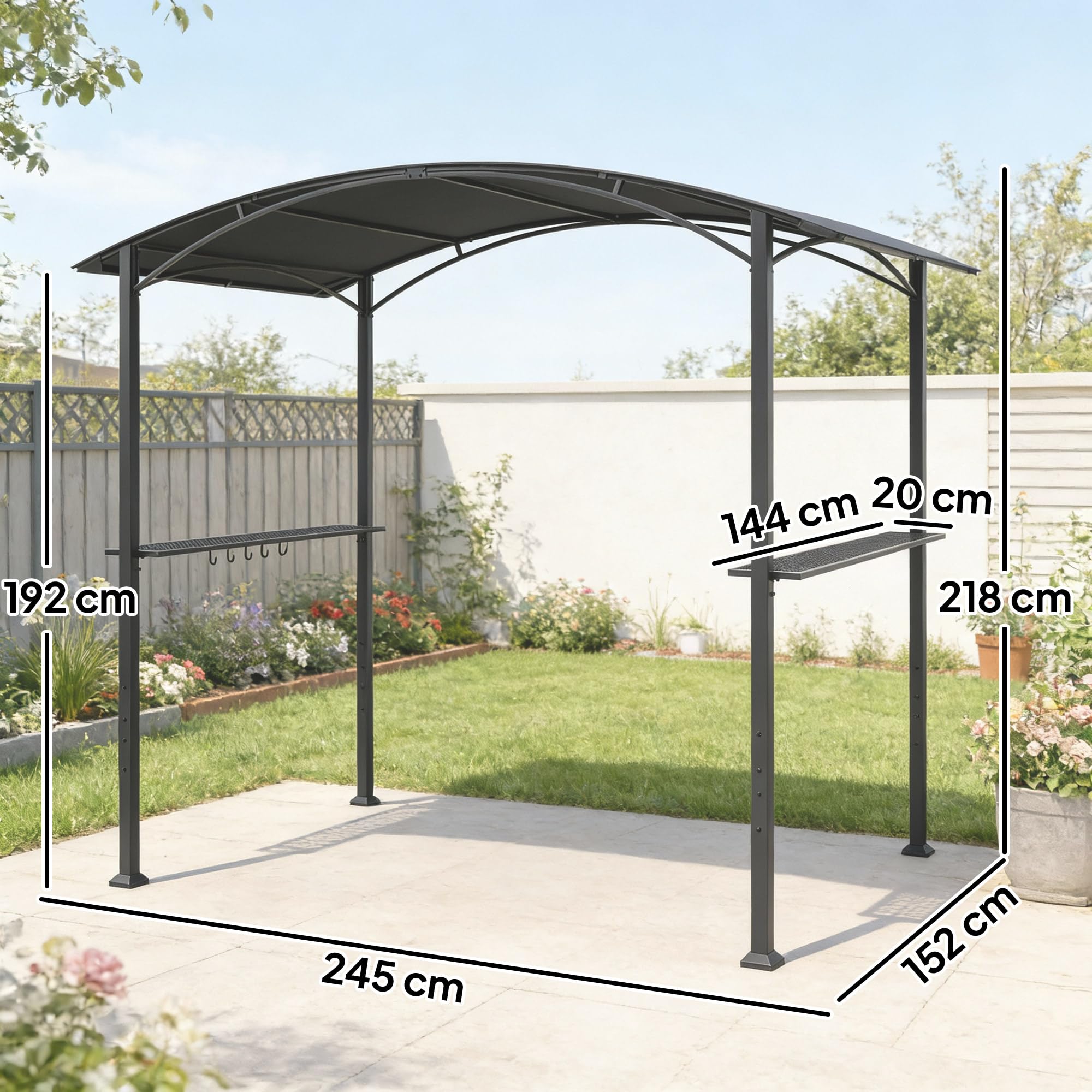 Outsunny Abri pour Barbecue avec Crochets 245 x 152 x 218 cm Gris Foncé | Tonnelle de Jardin, Tonnelle Barbecue Exterieur, en Acier, avec Étagères Latérales, pour Terrasse Jardin Cour