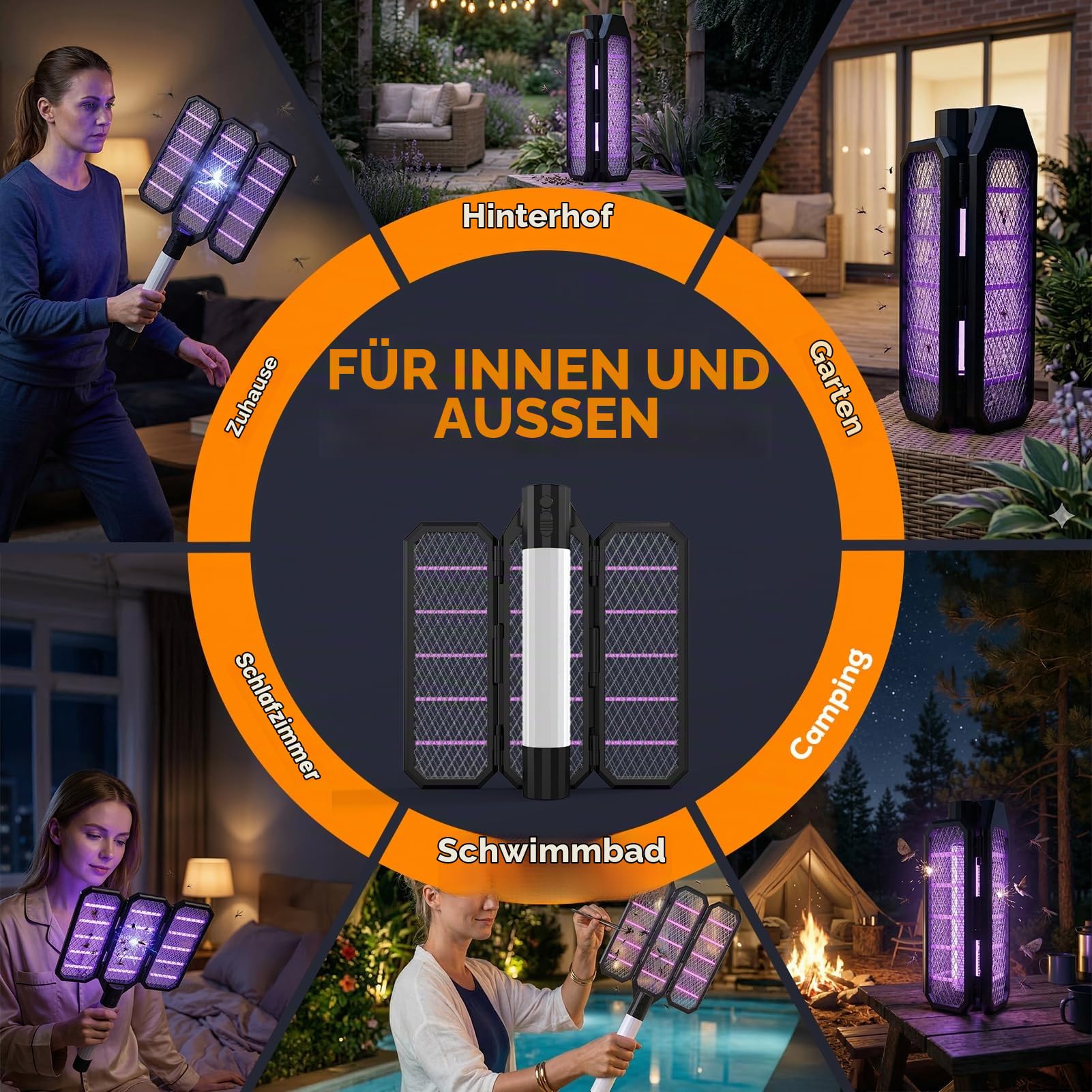 Insektenvernichter, Klappbare Elektrische Fliegenklatsche mit UV-Licht, 3000V, 4000mAh, Tri-Fold Mückenlampe, Fliegenfalle Elektrisch Mückenfalle für Innen Außen, Fliegen, Motten