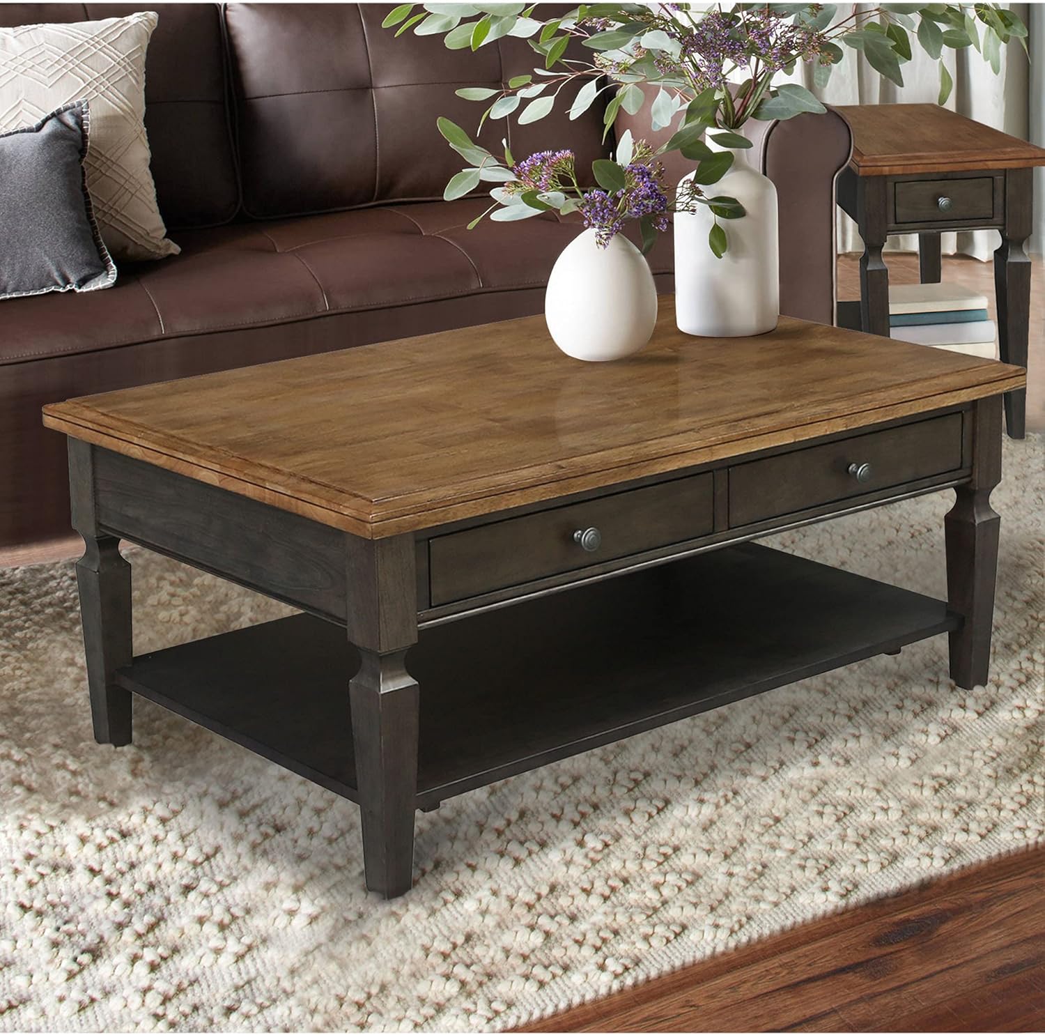 IC INTERNATIONAL CONCEPTS Vista Solid Wood Coffee Table in Hickory/Washed Coal