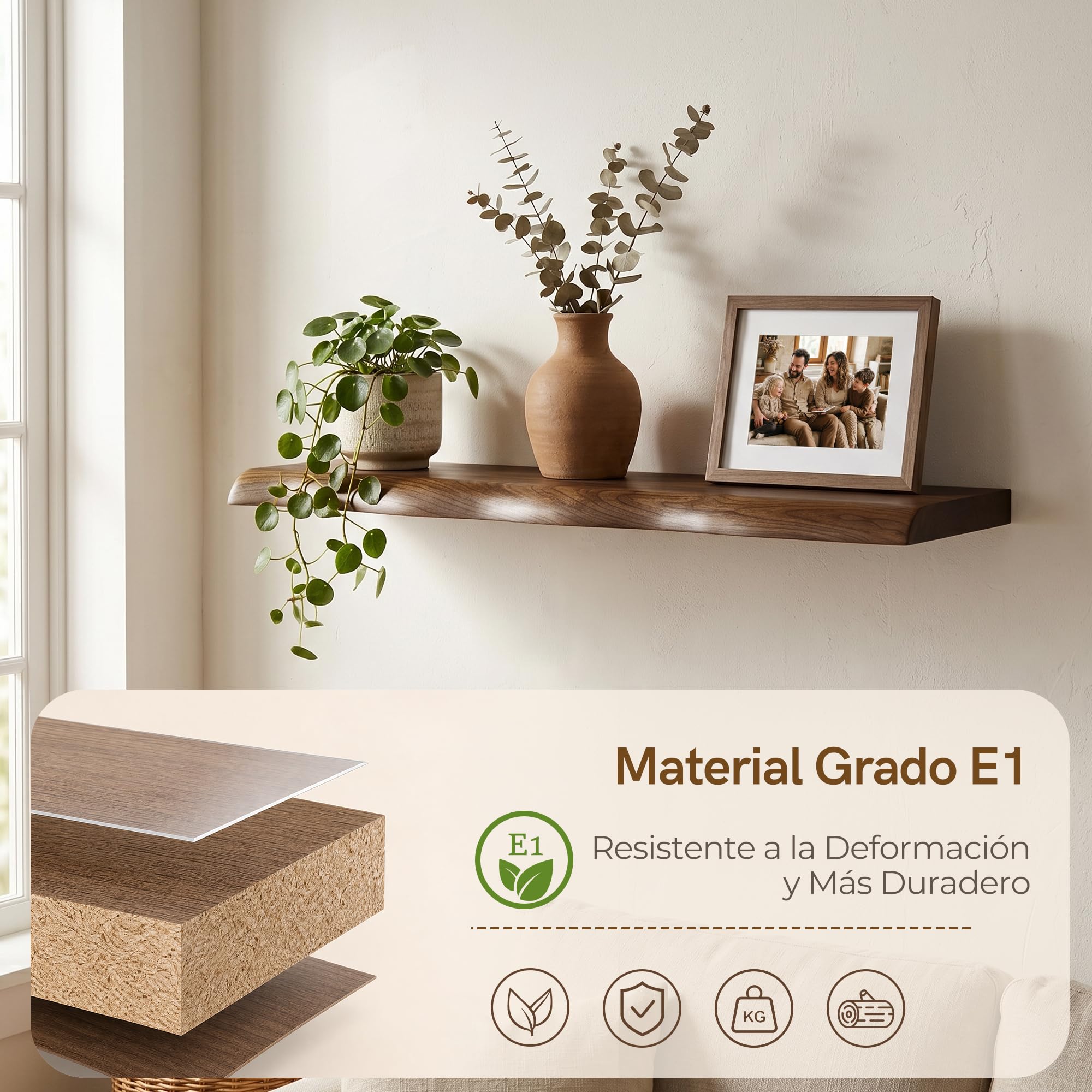 Afuly Estantería de Pared Larga, Baldas Flotantes Pared con Soporte Oculto | 60cm Repisas de Pared Nogal Juego de 2, Baldas de Madera, Almacenaje, Decoración para Fotos, Decoraciones, Salón, Dormitorio