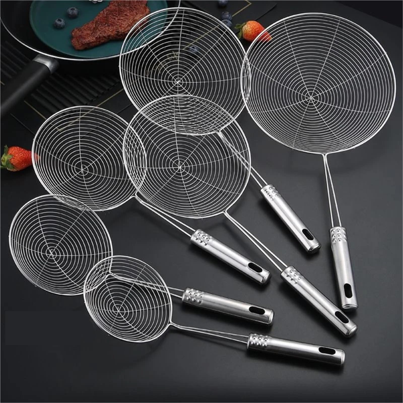2 pezzi di schiumarola in acciaio inossidabile, colino solido, mestolo, utensile da cucina in, for frittura pesce Per Alimenti(41cm)