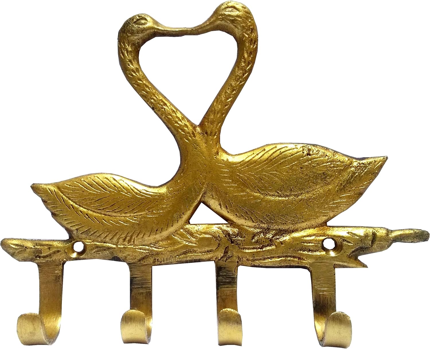 Purpledip Brass Wall Hooks 'Amorous Swans': Vintage Design Decorative Hanger (11818)