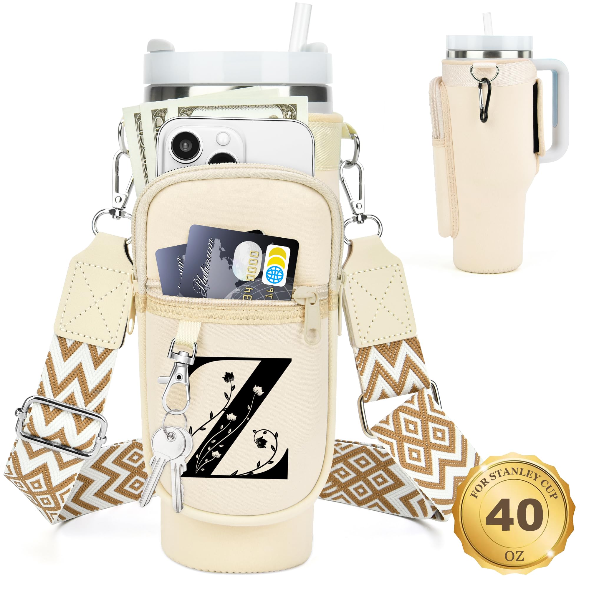 Initial Water Bottle Holder with Strap for Stanley Cup 40 oz Tumbler