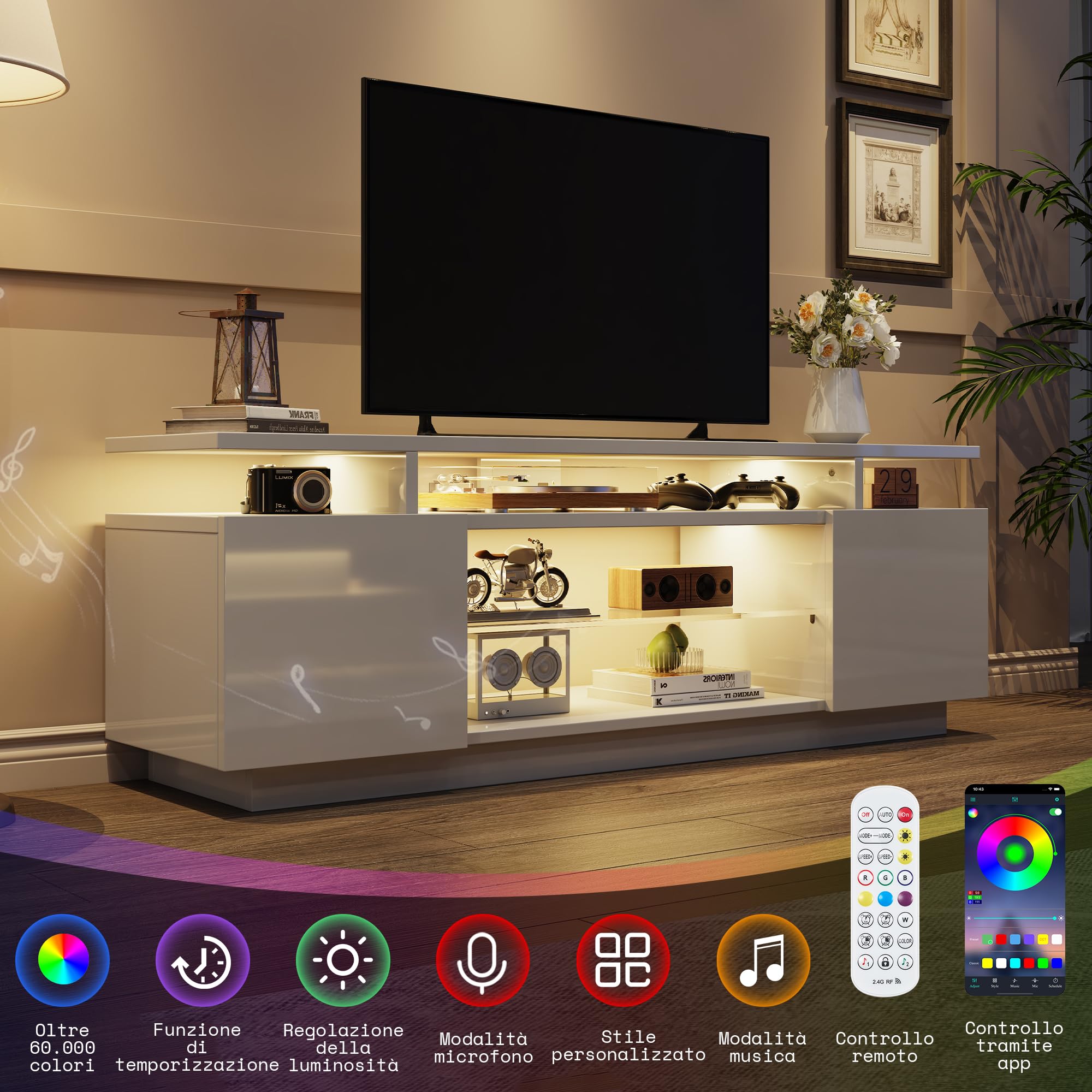 LUXOAK TV-Schrank mit LED Beleuchtung, für Fernseher bis 75 Zoll, Hochglanz TV Board mit großem Stauraum, 2 Türen & Glasablage, Fernsehtisch für Wohnzimmer Schlafzimmer, Weiß