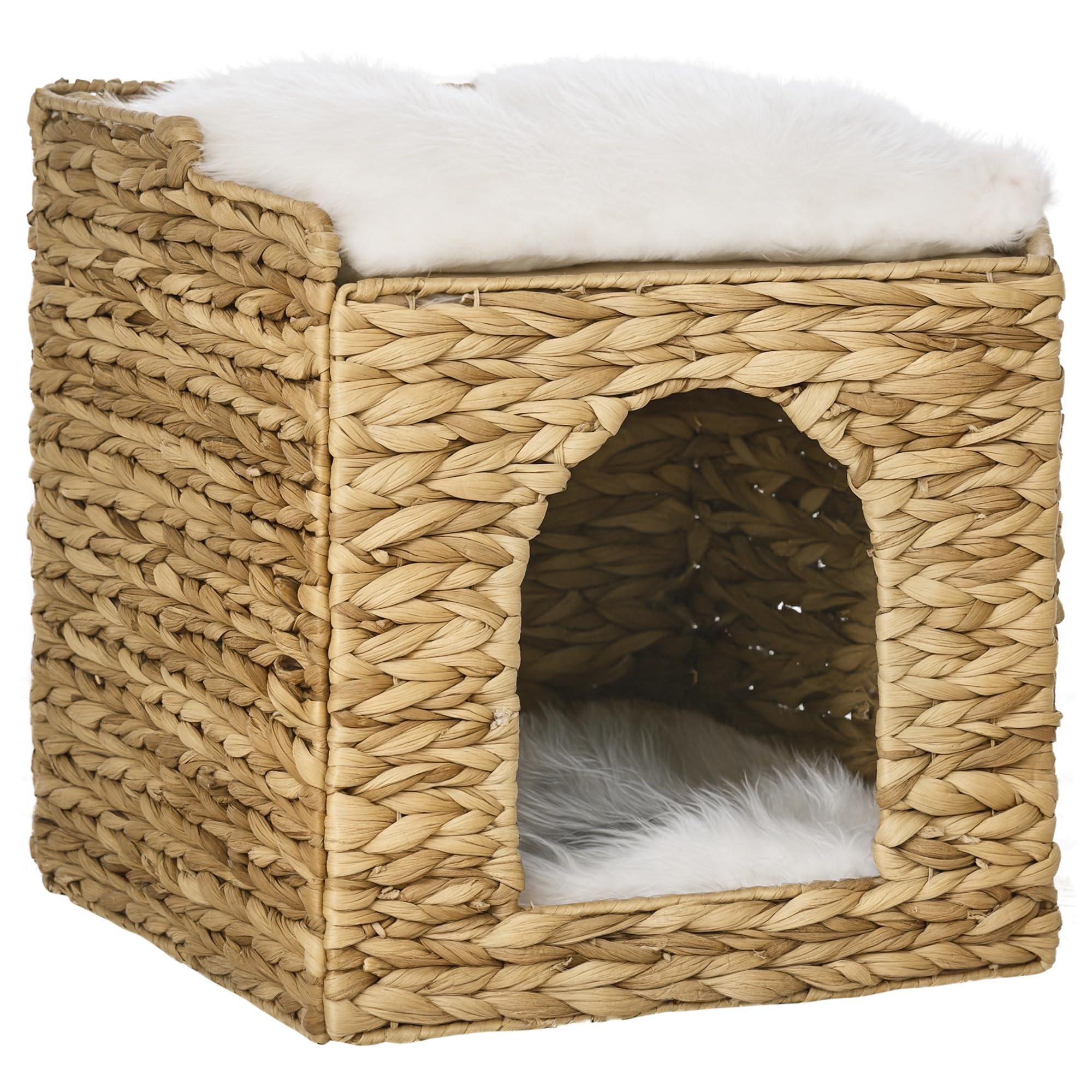 PawHut Maison à Chat Niche pour Chat à 2 Niveaux avec 2 Coussins en Jacinthe d'eau - 37,5 x 37,5 x 41,5 cm Marron, crème