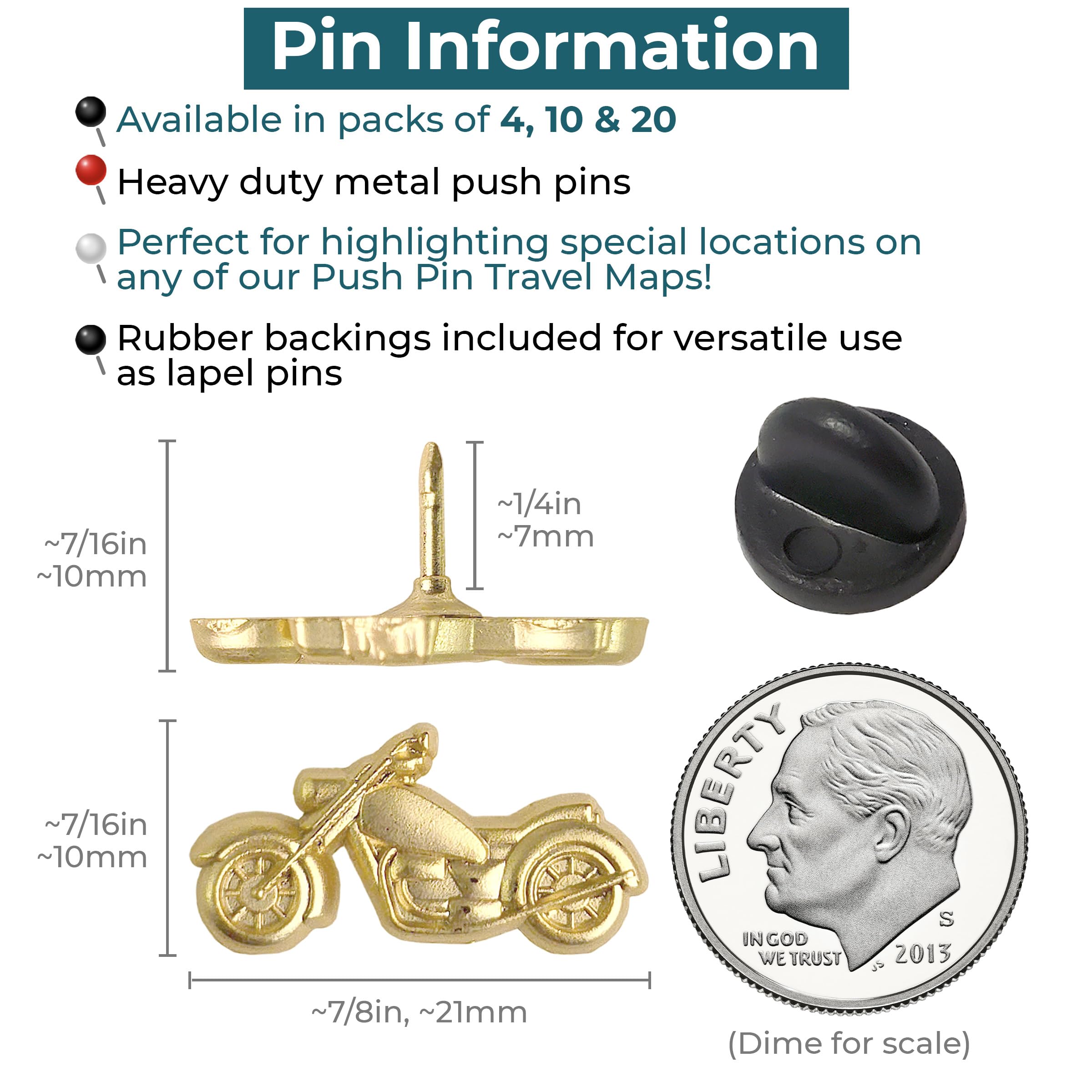Motorrad-Pinnnadeln – Gold Metall Motorrad Pins – für Korktafel, Karten oder Anstecknadeln – entworfen in den USA – 20 Stück