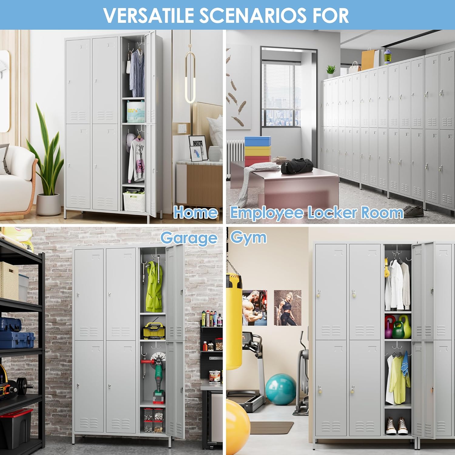 SUPEER Metal Lockers with 6 Doors and Business Card Holder,Metal Lockers for Employees with 18 Hooks for School Garage Gym Home,Assembly Required,Light Grey