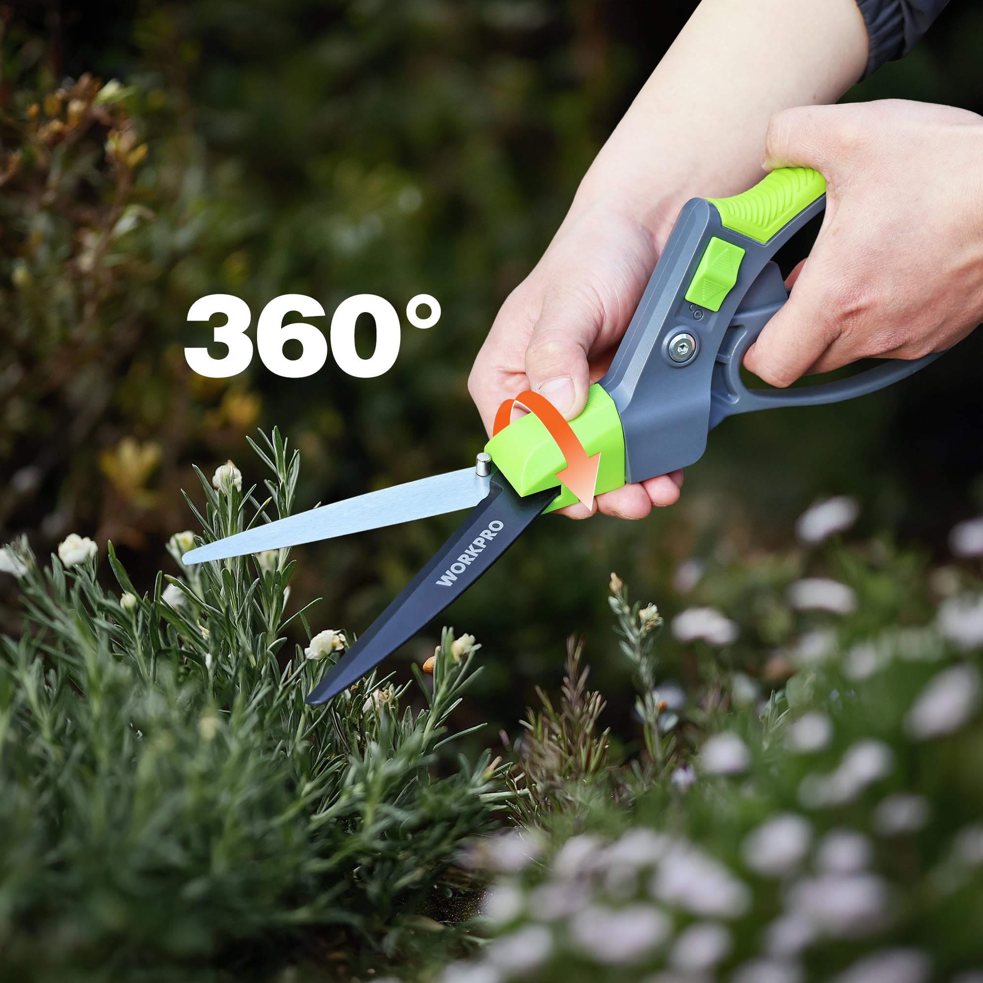 WORKPRO Cisaille à Gazon Rotative 360°, Cisaille Orientable avec Verrou de Sécurité, Poignée Ergonomique, Outil de Jardinage pour Pelouse, Plantes, Bonsaïs et Bordures