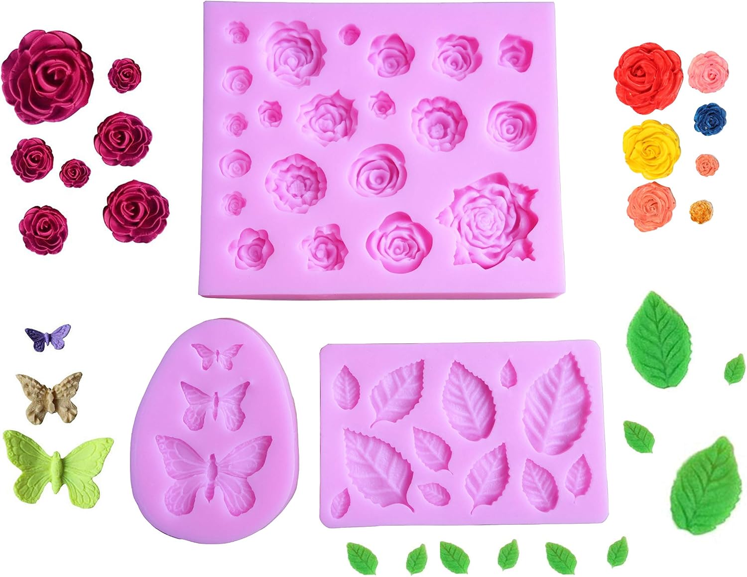 Pack of 3 Cake Decoration Molds, Butterfly, Leaves and Rose Flower Silicone Mold for Polymer Clay Wax Melt Fondant Candy Chocolate Making and DIY Gummy Sugar Crafts