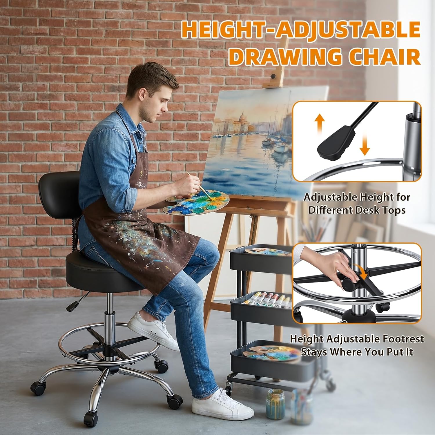 Drafting Stool with Backrest, Height Adjustable Office Desk Chair, Faux Leather Swivel Round Rolling Stool with Adjustable Foot Rest for Office Spa Studio Lab Counter Salon Home Work Bar Kitchen Sho