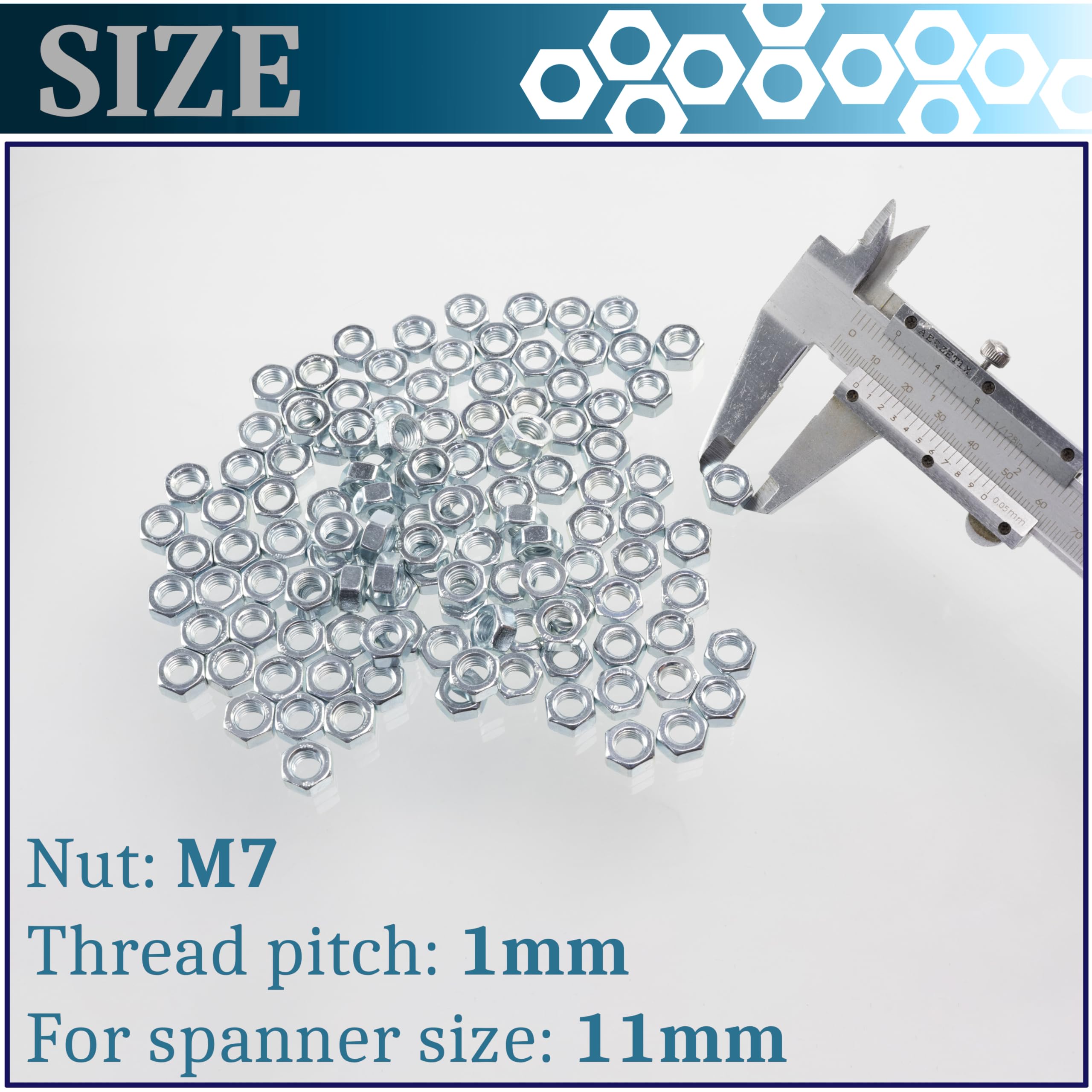 AERZETIX - Set di 120 dadi esagonali M7 con filettatura metrica - acciaio zincato - colore argento - assemblaggi meccanici ed elettronici - progetti fai da te