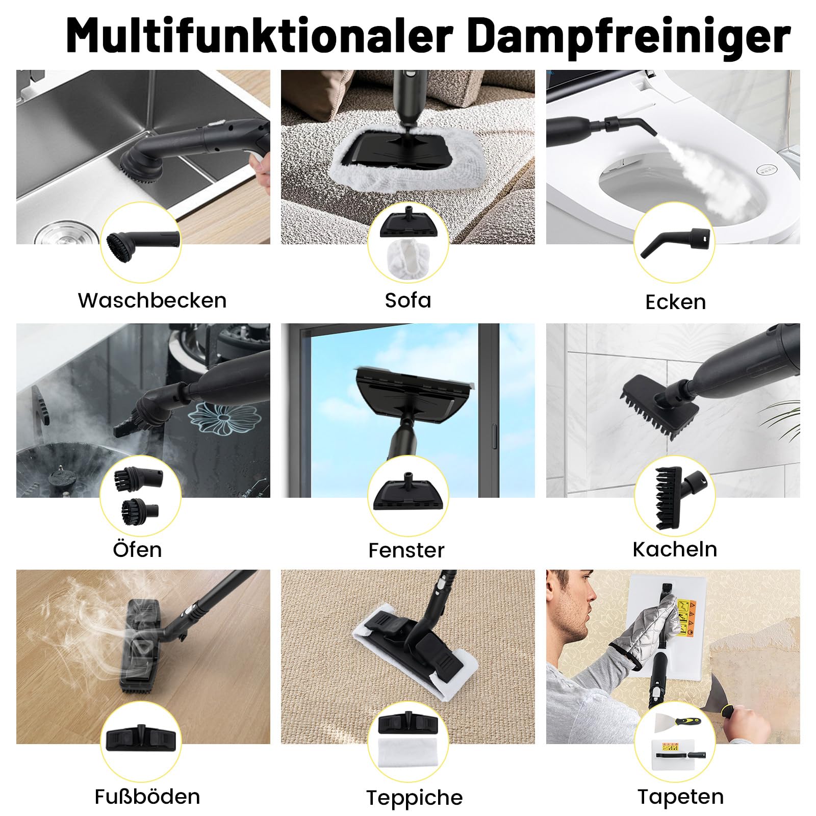 RELAX4LIFE Dampfreiniger 2000W, Dampfdruck: 5 bar, Flächenleistung: 108 m², Tank: 1,8 L, Aufheizzeit: 8 min., mit 22 Zubehörteilen, Dampfsauger für Teppiche, Böden, Fliesen, Fenster, Polster (Weiß)