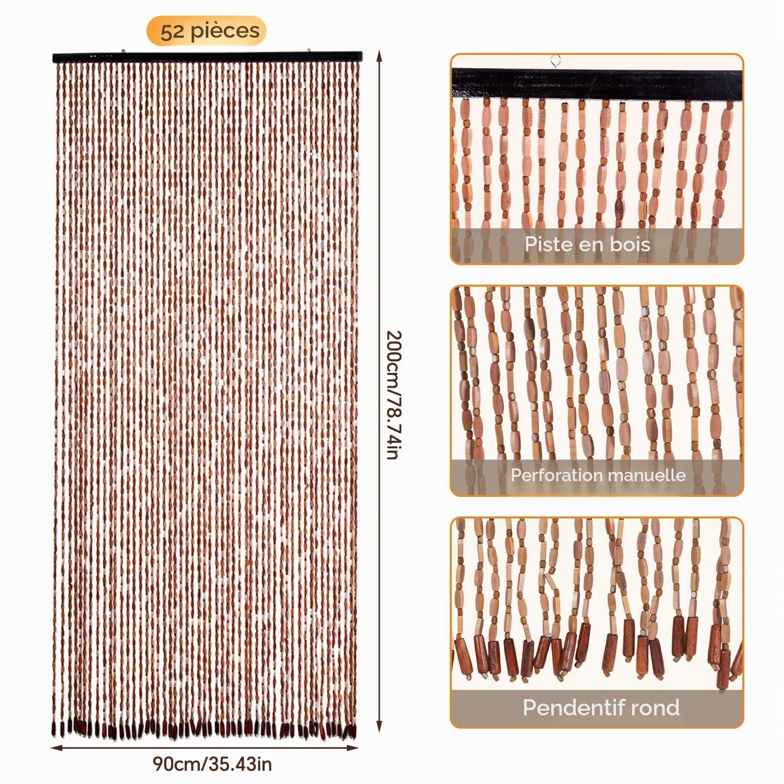 Rideau de porte en perles de balcon, 90 x 200 cm, style bambou, avec 52 brins, moustiquaire en perles en bois, pour balcon, chambre à coucher, camping, rideau de porte décoratif fabriqué à la