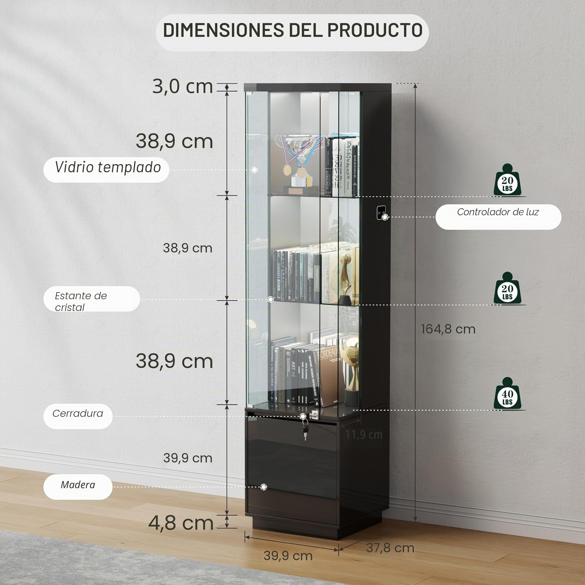 Lvifur Vitrina de cristal con iluminación LED y cajones, vertical con sensor inteligente, de madera de vidrio de 3 capas para coleccionables, vino, salón, dormitorio