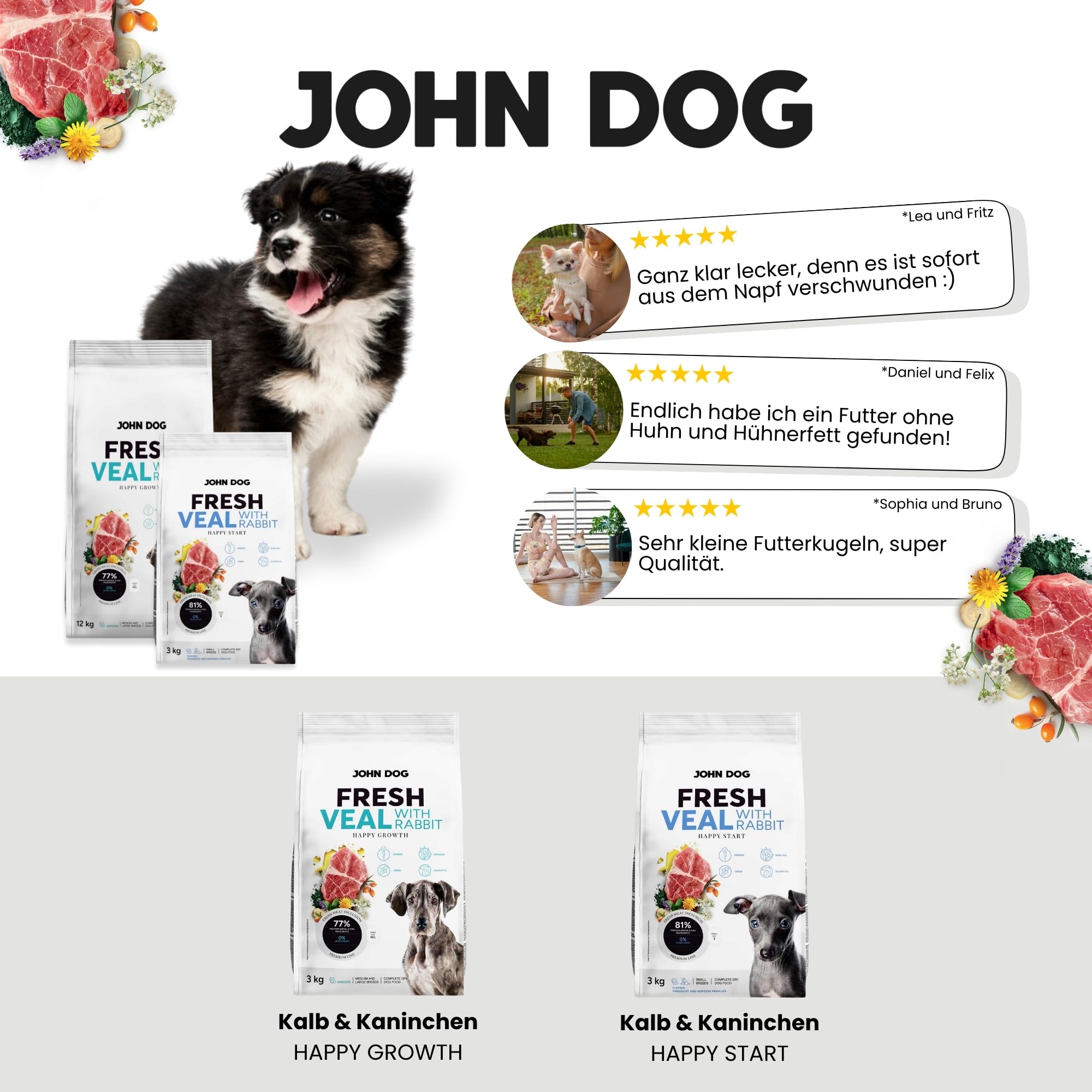 JOHN DOG Premium Welpenfutter Fresh Kalb & Kaninchen - Puppy Trockenfutter für Welpen mit 77% Fleischanteil - ohne Getreide und Huhn - Hundefutter trocken aus natürlichen Zutaten 12kg