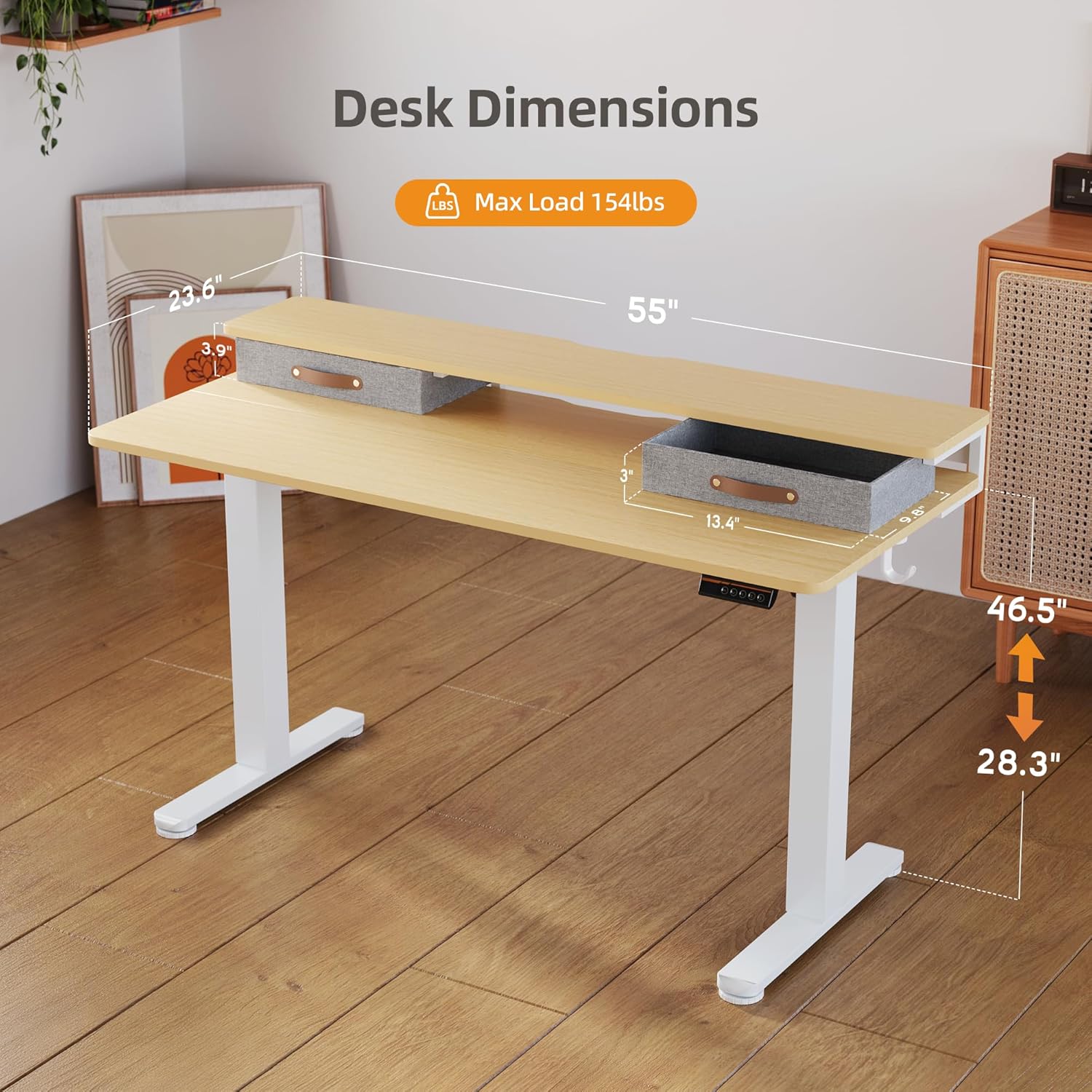 Diagram showing desk dimensions: 24 inches deep, 55 inches wide, height adjustable from 28.3 to 46.5 inches, with a maximum load of 154 lbs.