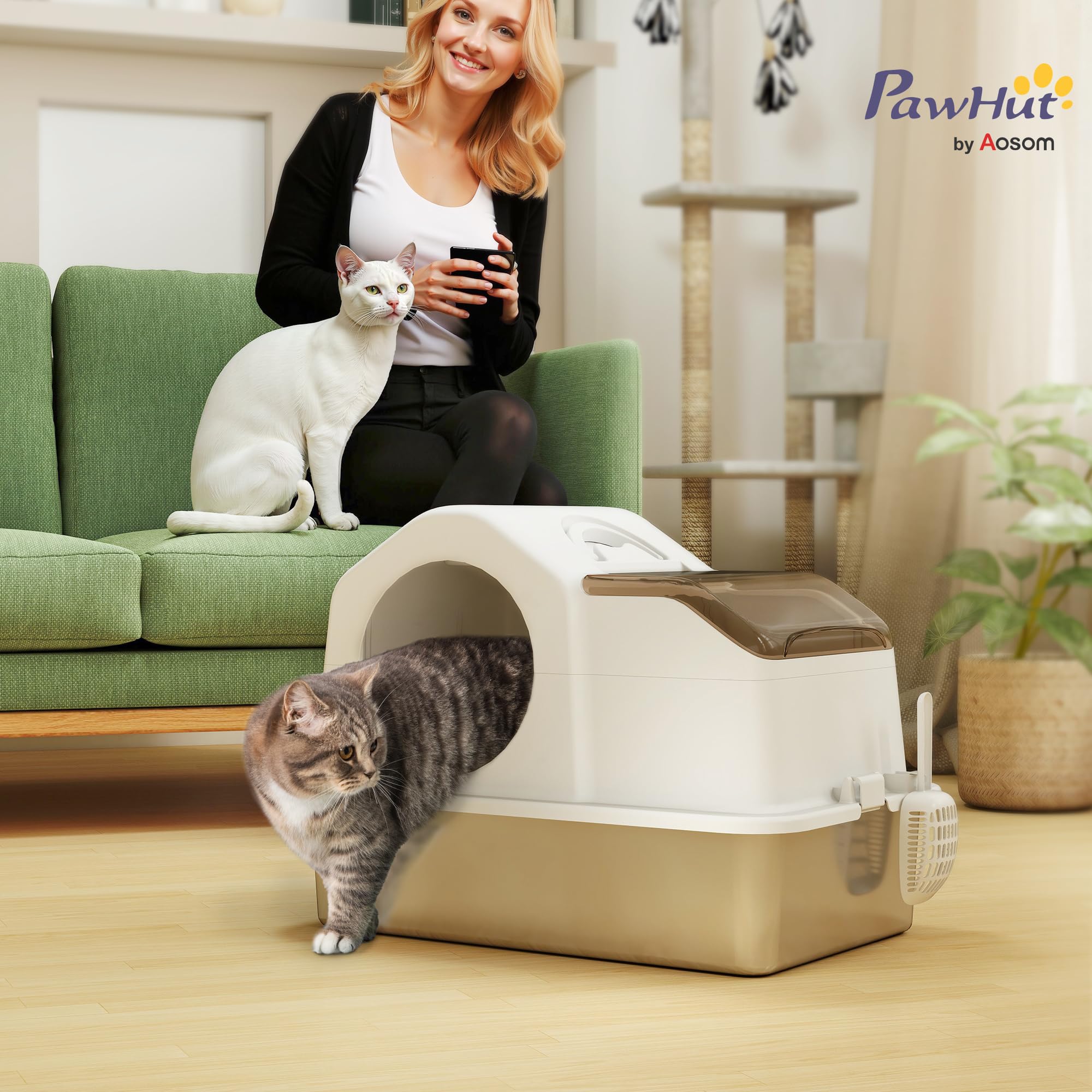 PawHut Lettiera Gatto Chiusa XL in Acciaio Inox 60.5x40.5x45cm Bianco | Con Coperchio, Toilette per Gatti 36L con Pareti Alte, Paletta, Tappetino Raccogli-sabbia
