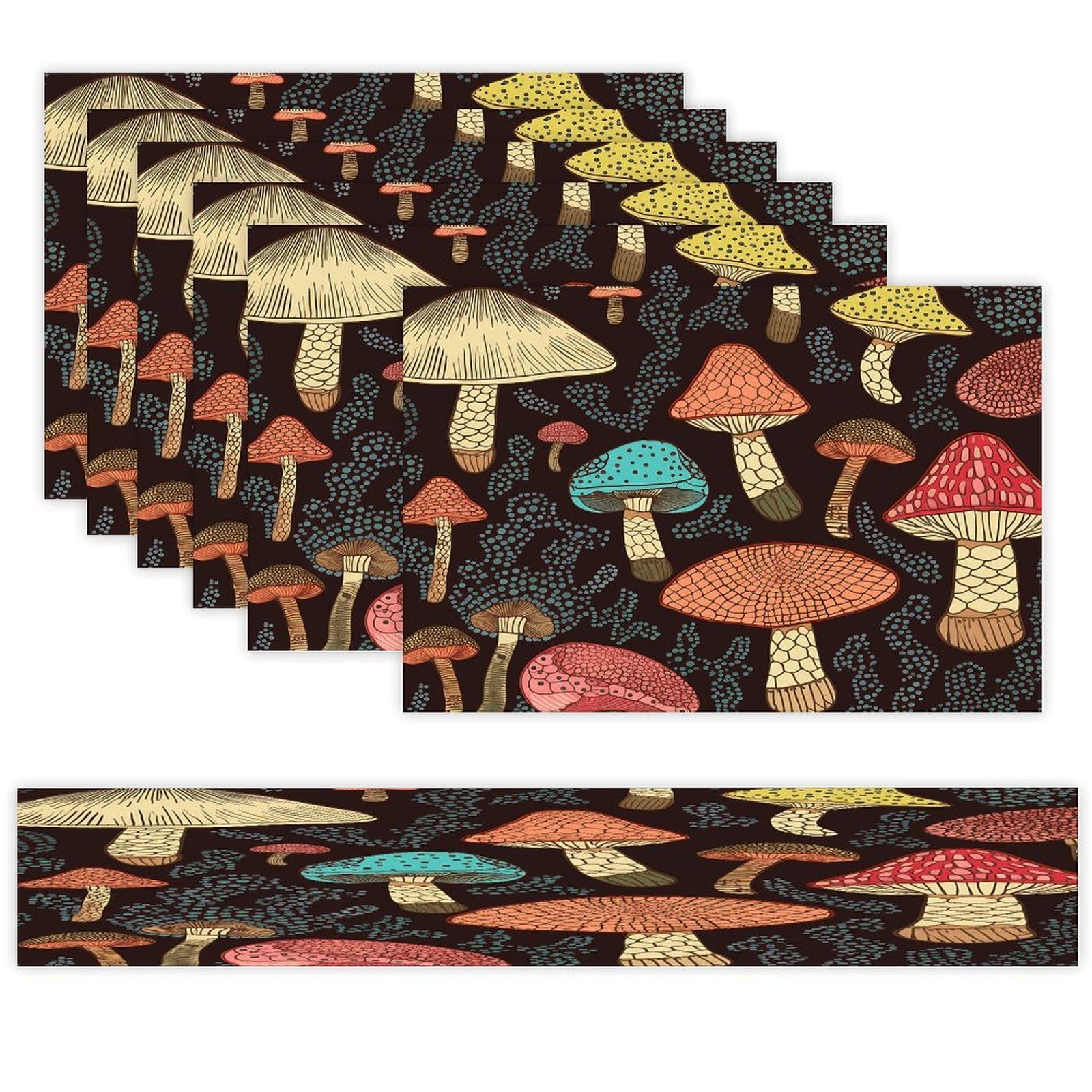 Mushroom Table Runner and Placemats of 6 Washable Heat Resistant Place Mats with Table Runner Vintage Holiday Table Mat Set for Holiday Party Kitchen Dining Deco
