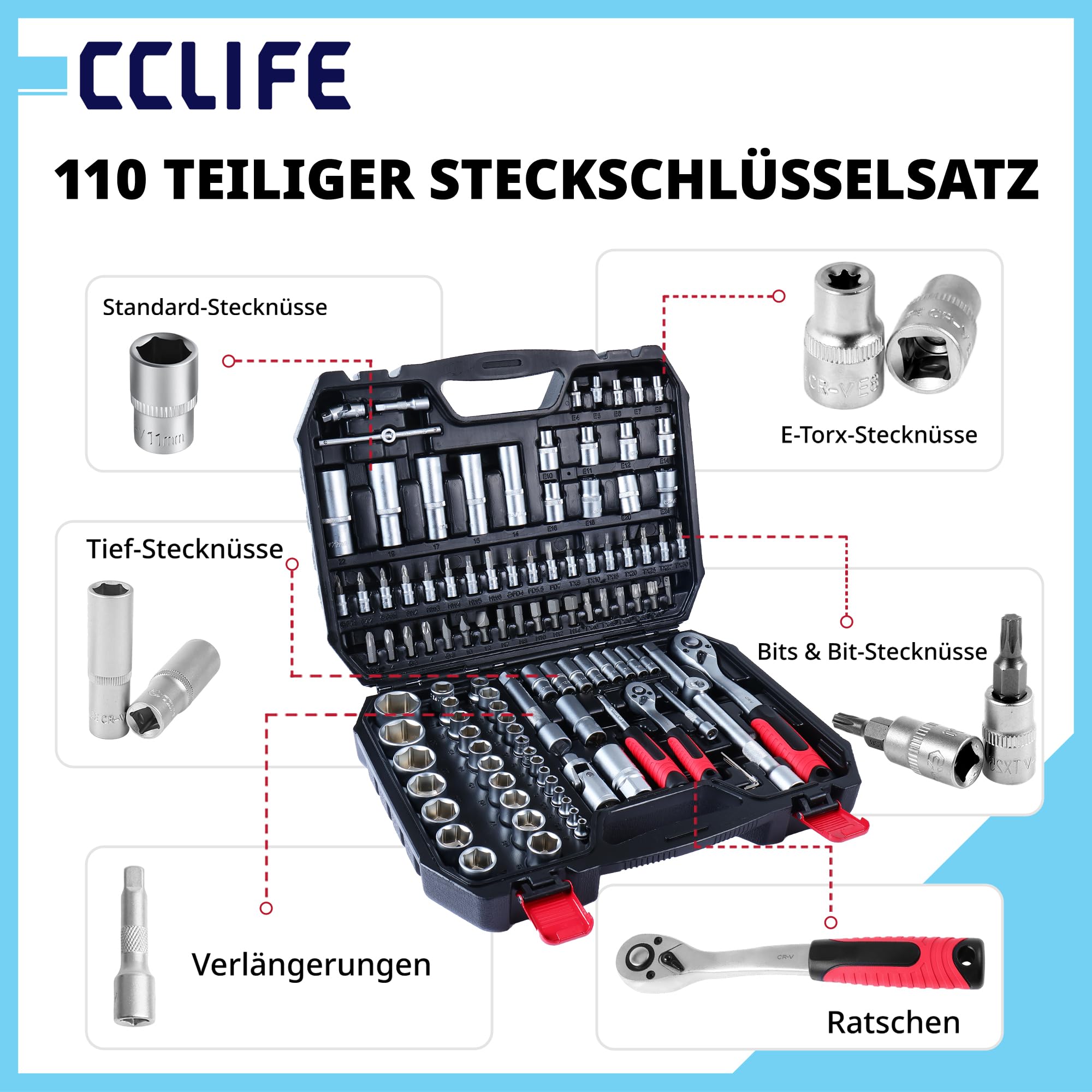 CCLIFE Set di chiavi a bussola da 110 pezzi, 1/4" e 1/2" con bussole, punte ed estensioni per casa e auto in robusta valigetta degli attrezzi
