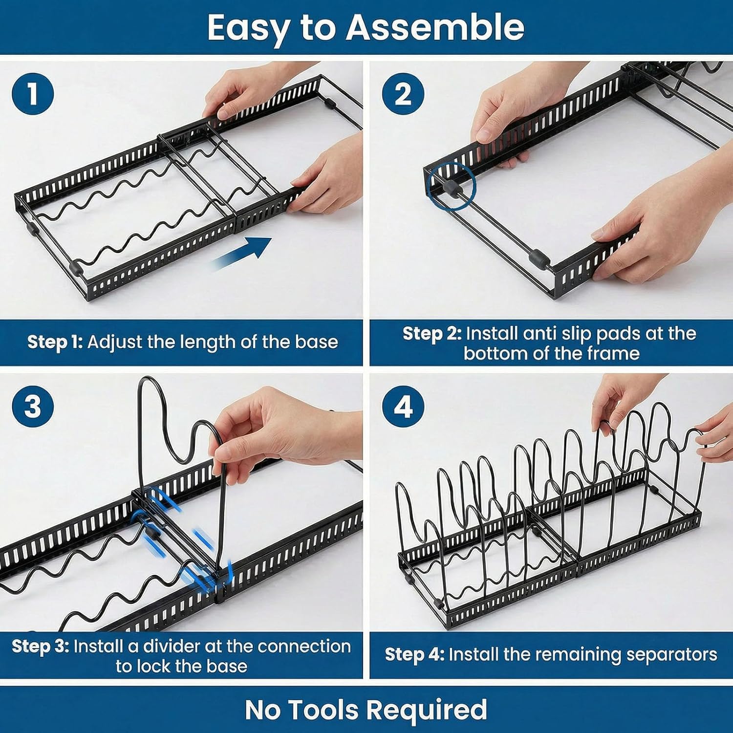 Expandable Pot Rack Organizer for Cabinet, Wave Slot Carbon Steel Pot & Pan Holder with 10 Adjustable Slots, Heavy Duty Cookware Storage for Pans, Lids, Bakeware, Countertop or Under Sink, Black