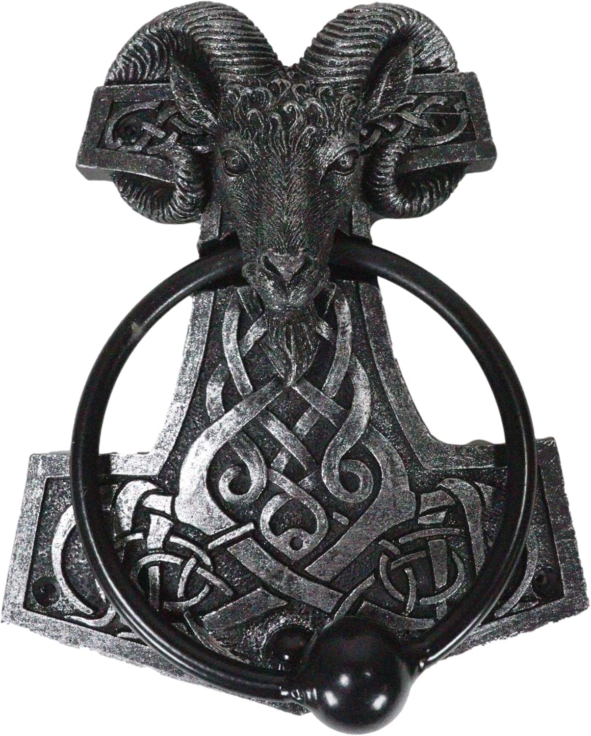 Ebros Gift Viking Ram Skull Thor Hammer Mjolnir with Runes Knotwork Decorative Door Knocker Figurine with Built in Struck Ball Norse God of Thunder Scandinavian Mythology Accent