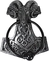 Vista 1 de Ebros Gift Viking Ram Skull Thor Hammer Mjolnir con runas, nudos, figura decorativa para puerta con bola golpeada integrada con acento de mitología