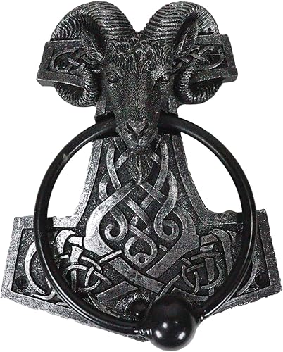 Ebros Gift Viking Ram Skull Thor Hammer Mjolnir con runas, nudos, figura decorativa para puerta con bola golpeada integrada con acento de mitología