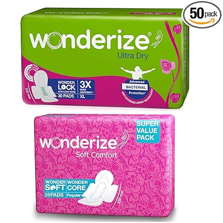 Wonderize Ultra Dry Anti Leak XL Sanitary Napkins with 3X Absorption for Heavy Flow (30 Pads) + Soft Comfort Regular Size Cotton Sanitary Napkins for Normal Flow (20 Pads) - Super Saver Combo Pack