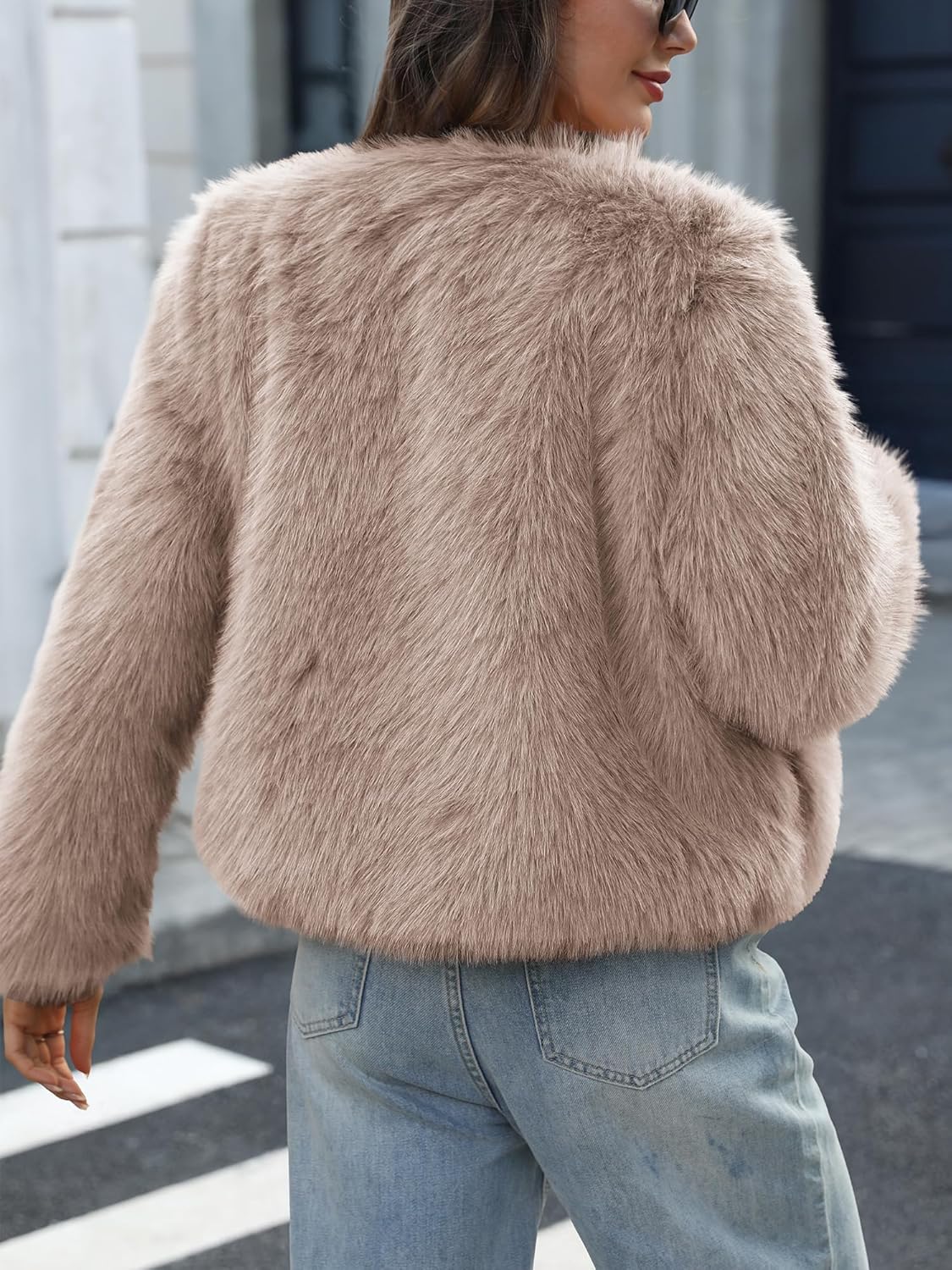 ELLEVEN Women’s Fluffy Faux Fur Cropped Coat – Soft Warm Fashion Winter Jacket with Hooks & Pockets - Image 3