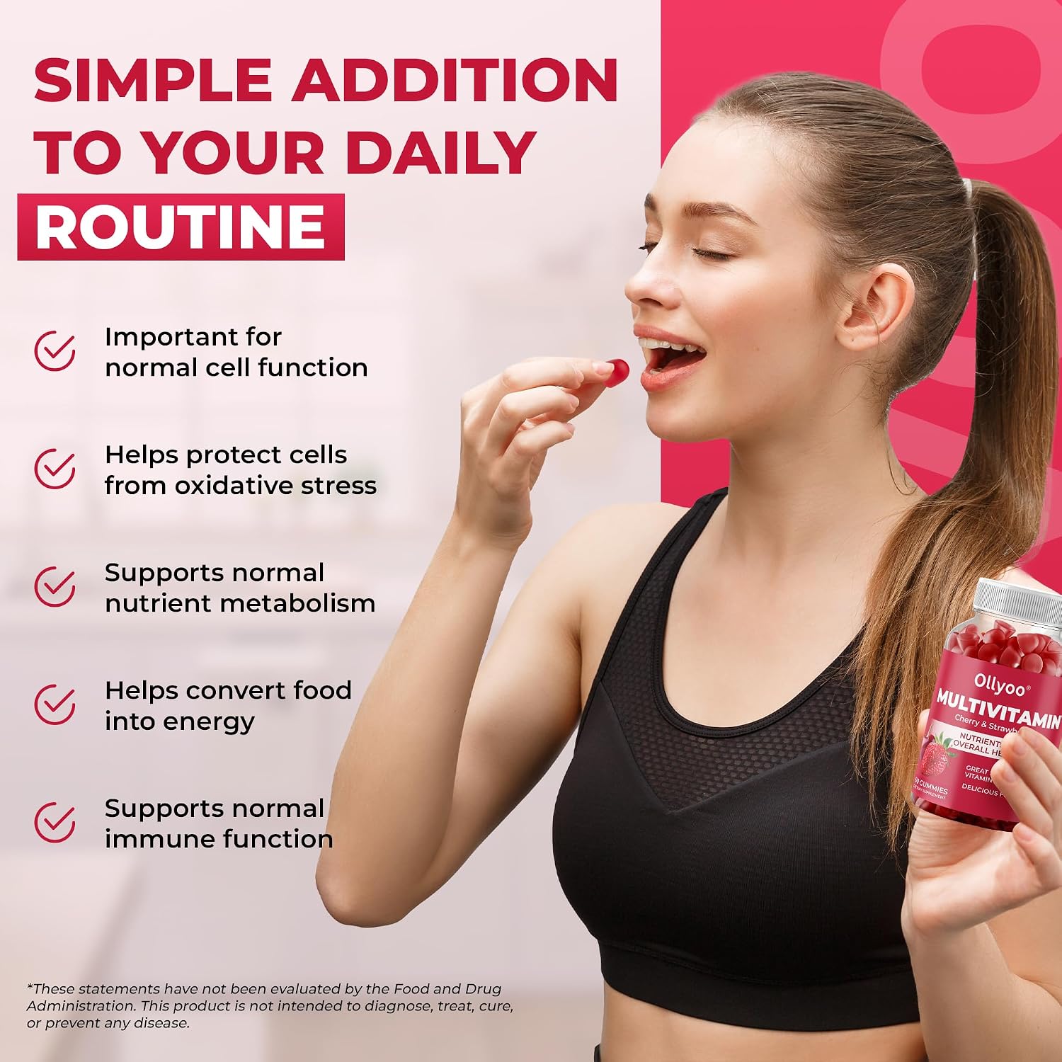 Adult Multivitamin Gummies for Men & Women - Support Hair, Skin, Nails, Immunity, Boost Energy - Low Sugar - Cherry & Strawberry Flavor - 60 Count