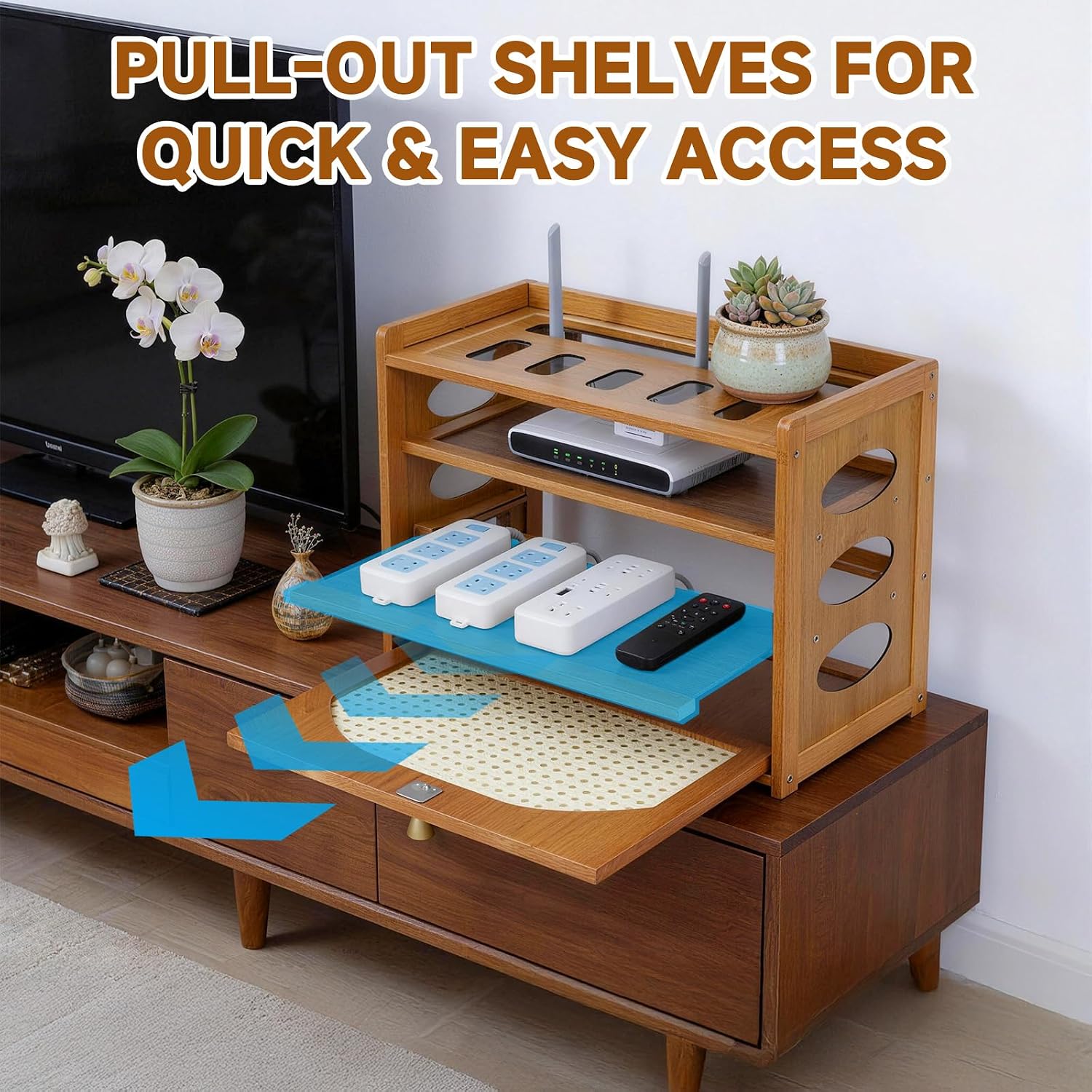 Router Box Hider, WiFi Router Box Hider with Cable Management 3-Tier Adjustable WiFi Storage Cabinet Brown Router Shelf Cover for Home Office Decorative